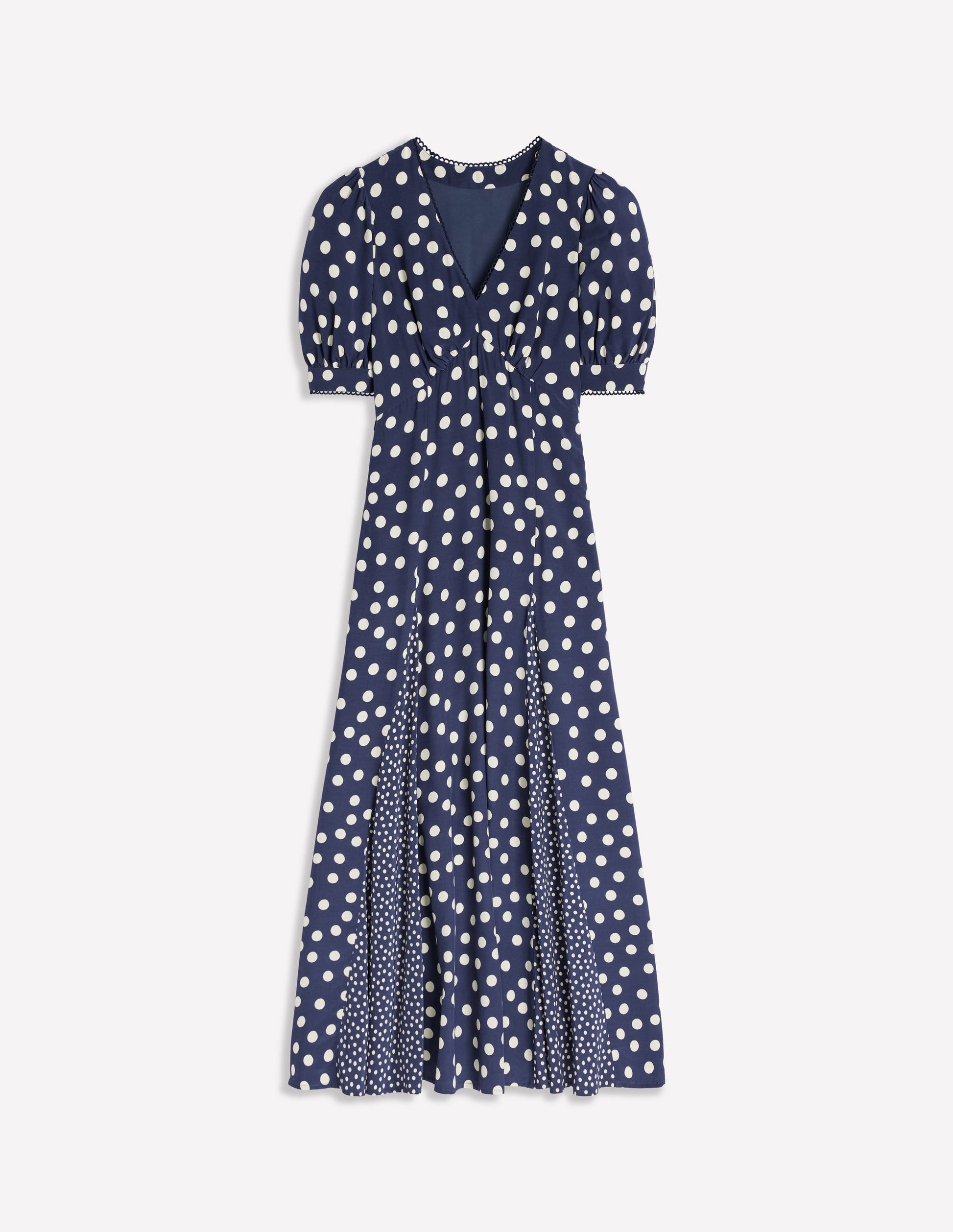 Rosie Teekleid mit Godetrock-Französisches Marineblau, Abstrakte Punkte-7