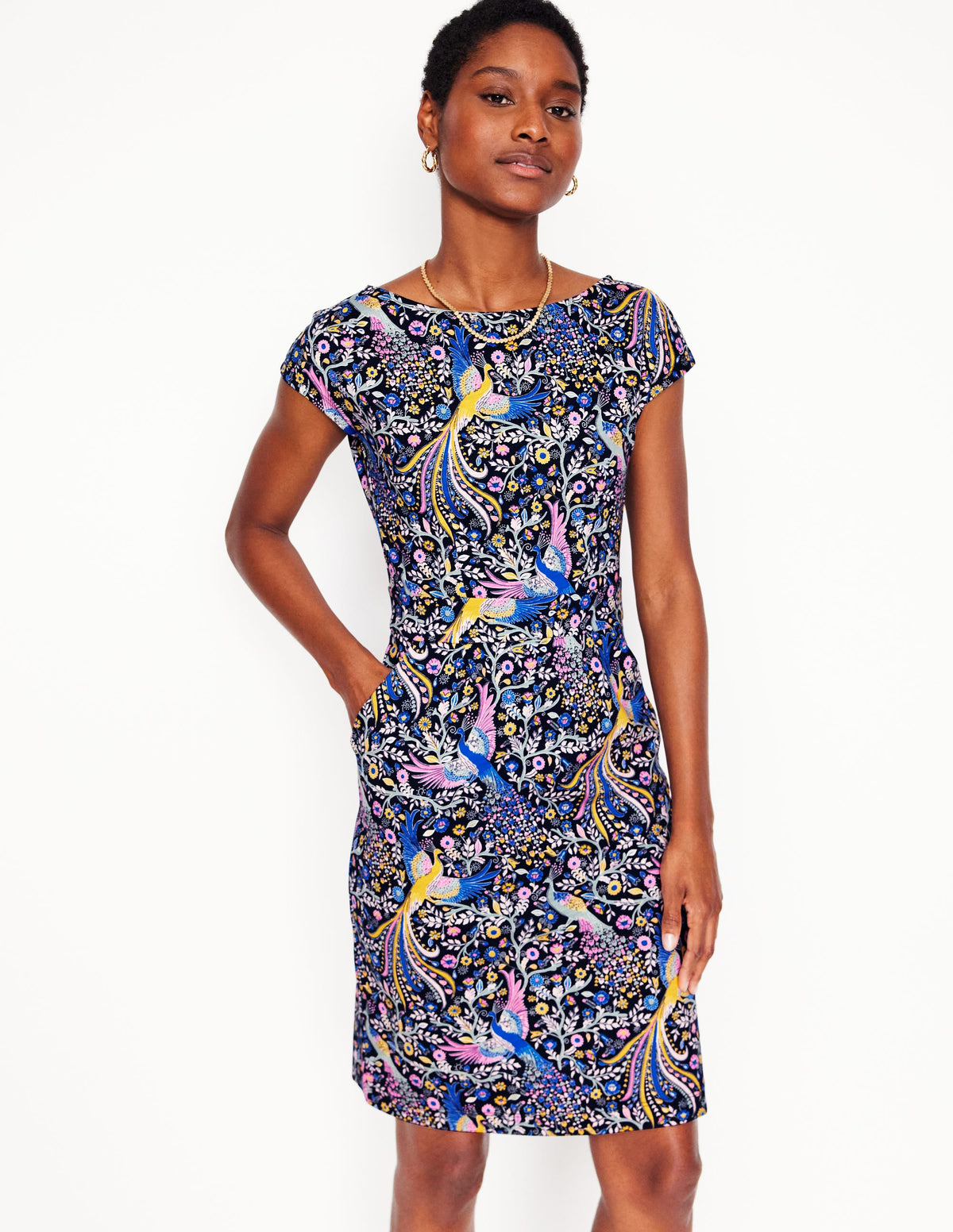 Robe Florrie en jersey-Bleu marine foncé, motif Enchanting Peacock - Image 1