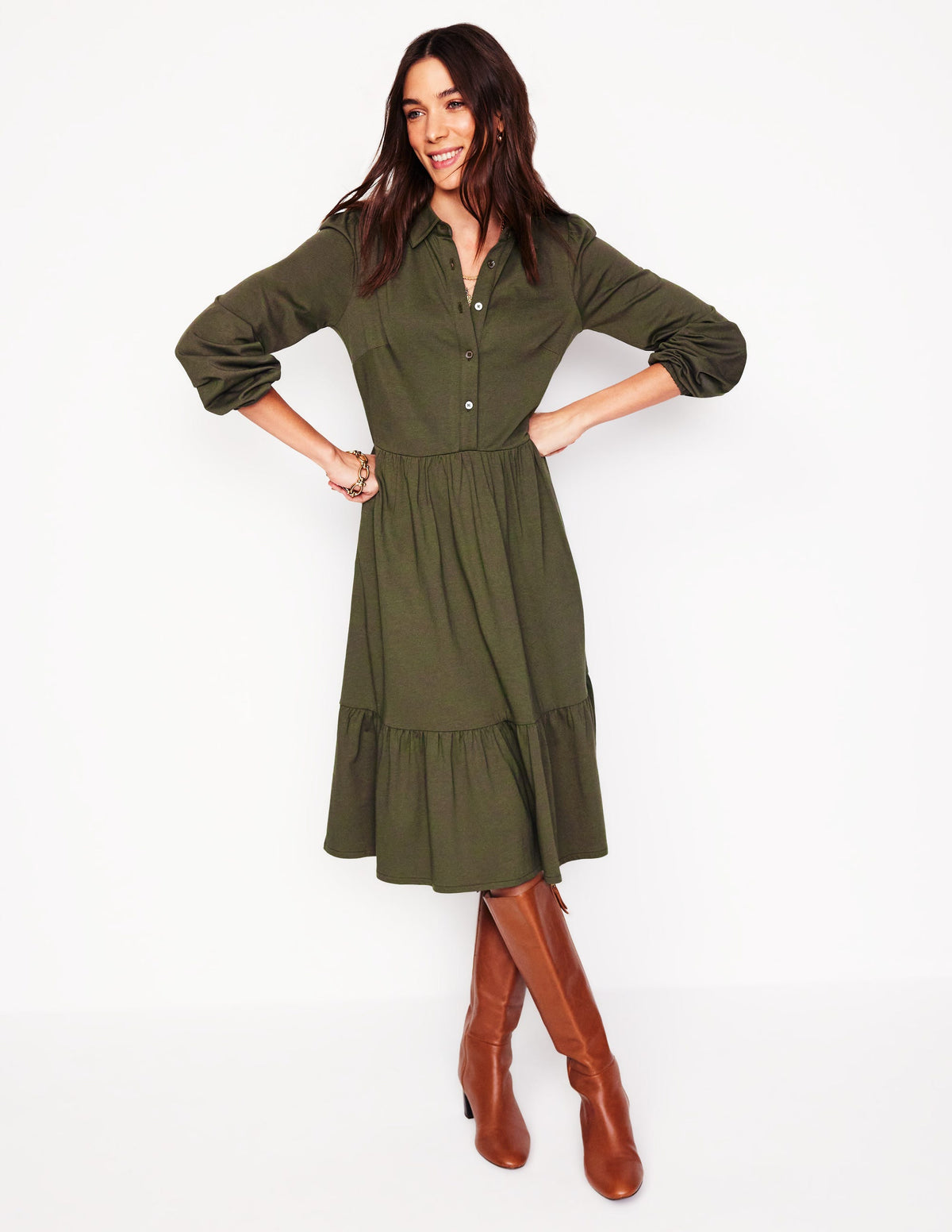 Jemima Gestuftes Jerseykleid-Blasses Khaki - Image 4