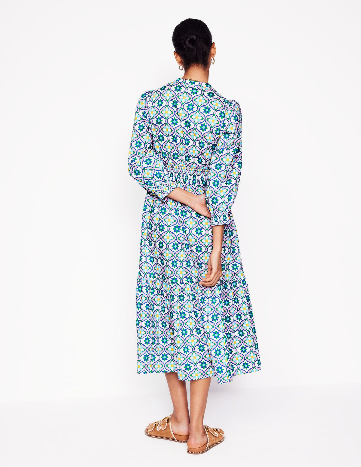Elena Tiered Cotton Midi Dress-Multi, Floweret Tile-3