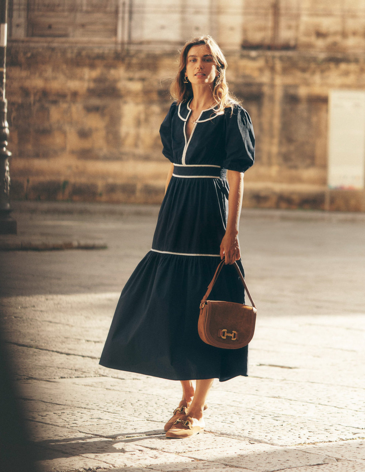 Robe midi Rhea brodée-Bleu Marine-2