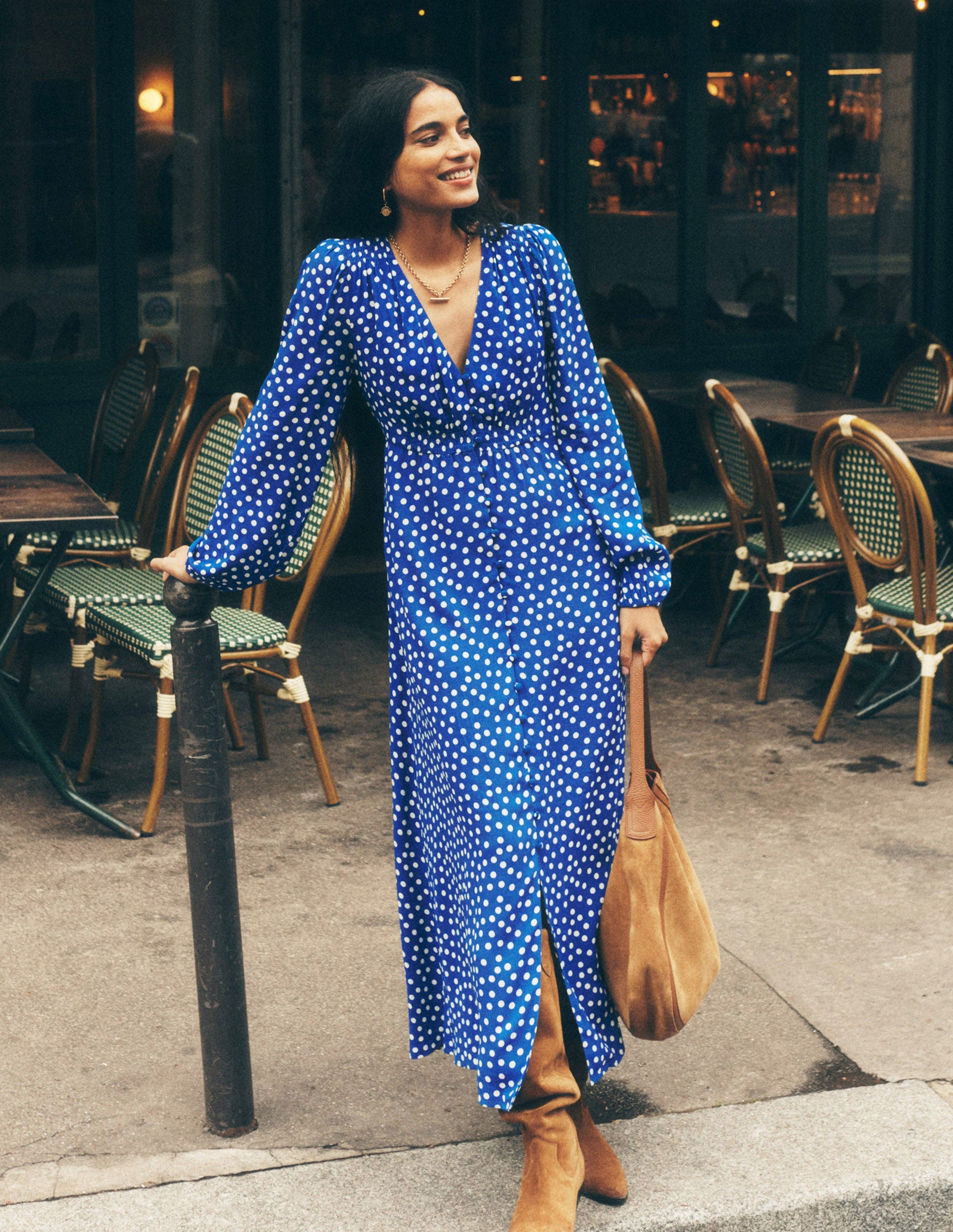 Robe Cynthia style 40s boutonnée-Bleu vif, pois abstrait-2