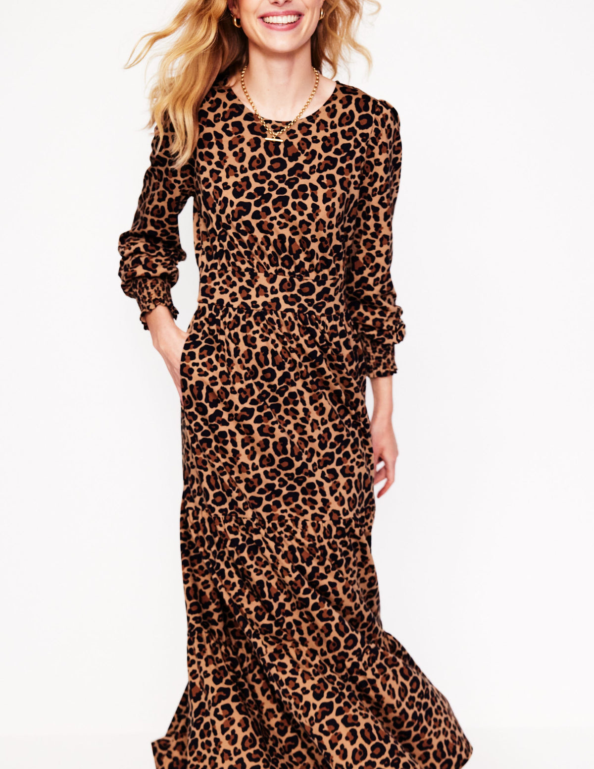 Tabitha Tiered Jersey Dress-Camel and Black, Cheetah Pop-2