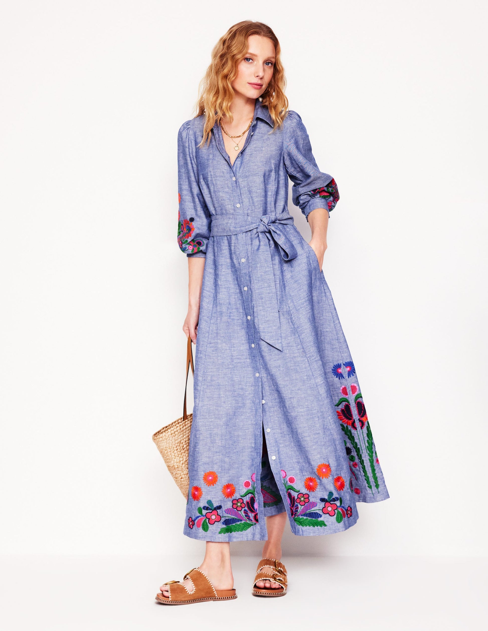 Robe-chemise Clara en lin mélangé-Chambray bleu, brodé-1