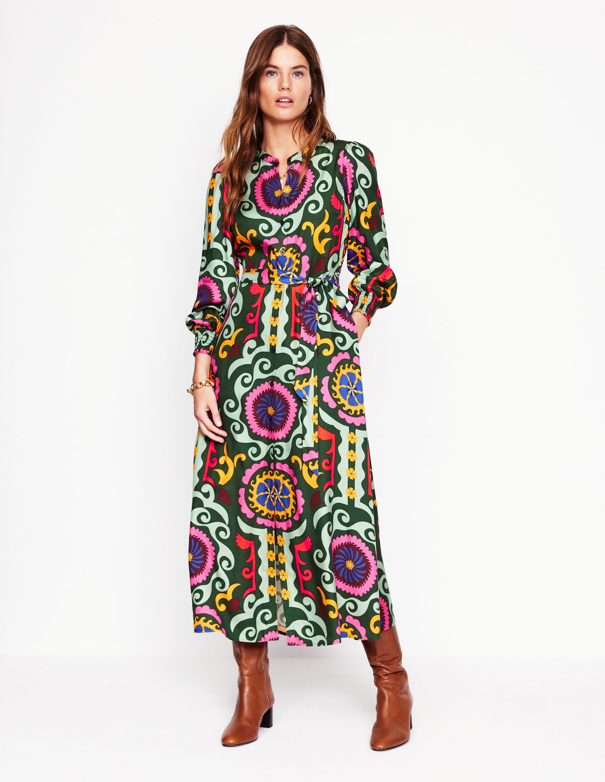 Ruby Kragenloses Hemdblusenkleid-Grün, Zierwelle - Image 5