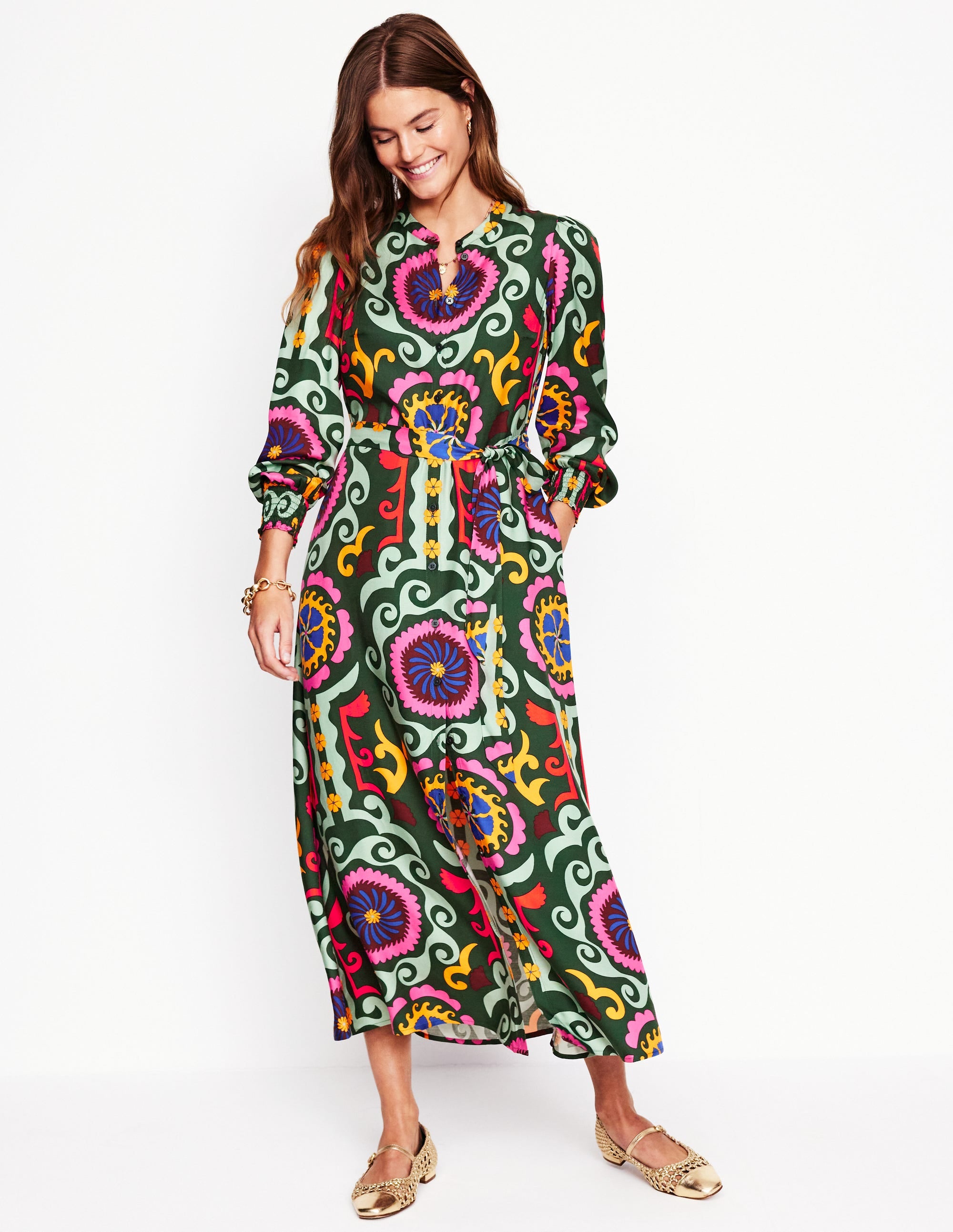 Ruby Kragenloses Hemdblusenkleid-Grün, Zierwelle - Image 6
