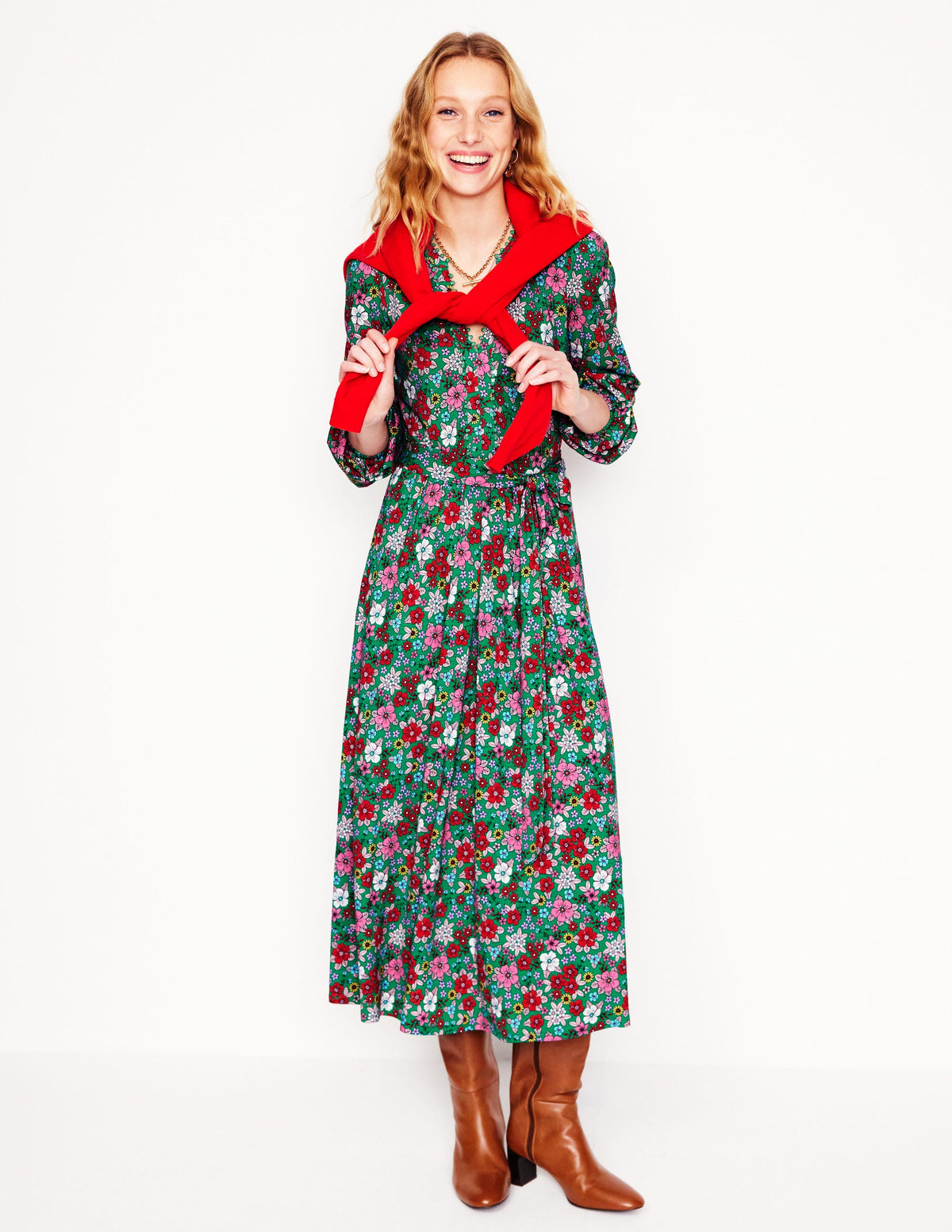 Maeve Jersey-Midikleid mit Besatz-Sattes Smaragdgrün, Blütenpracht-4