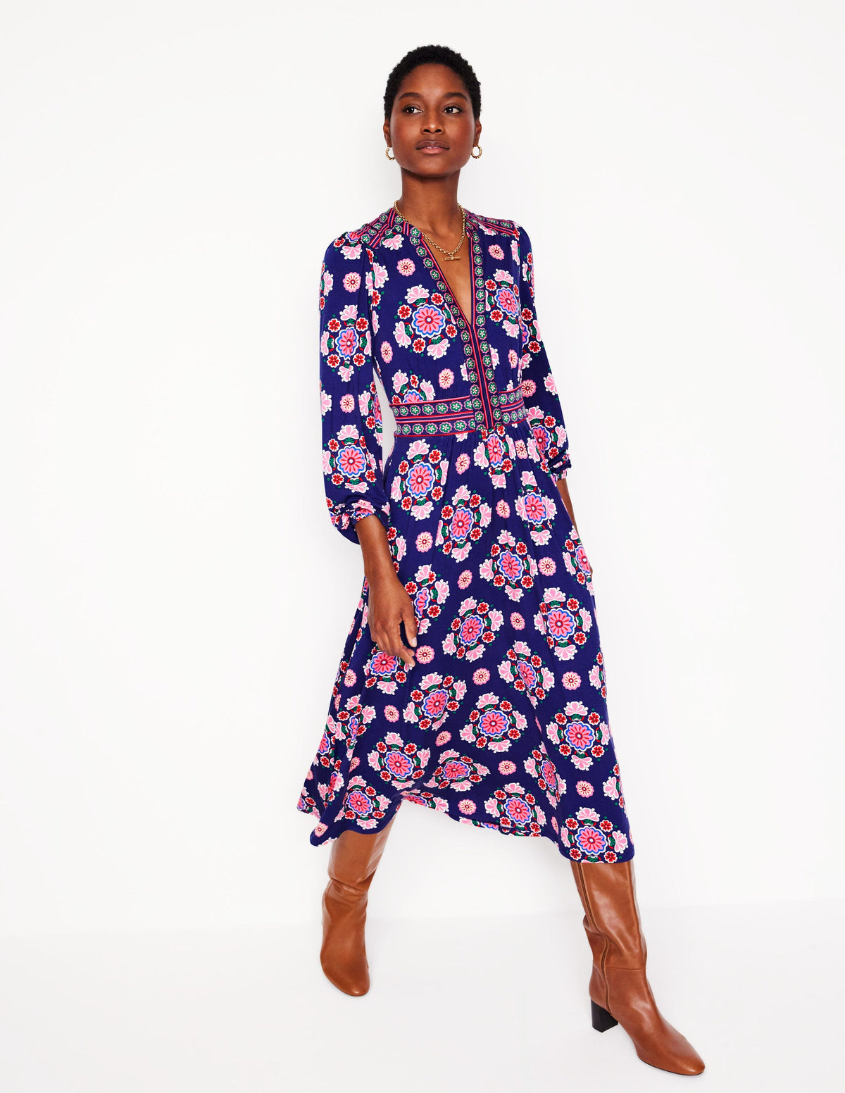 Lily Long Sleeve Midi Dress-Starboard Blue, Meadow Posy - Image 1