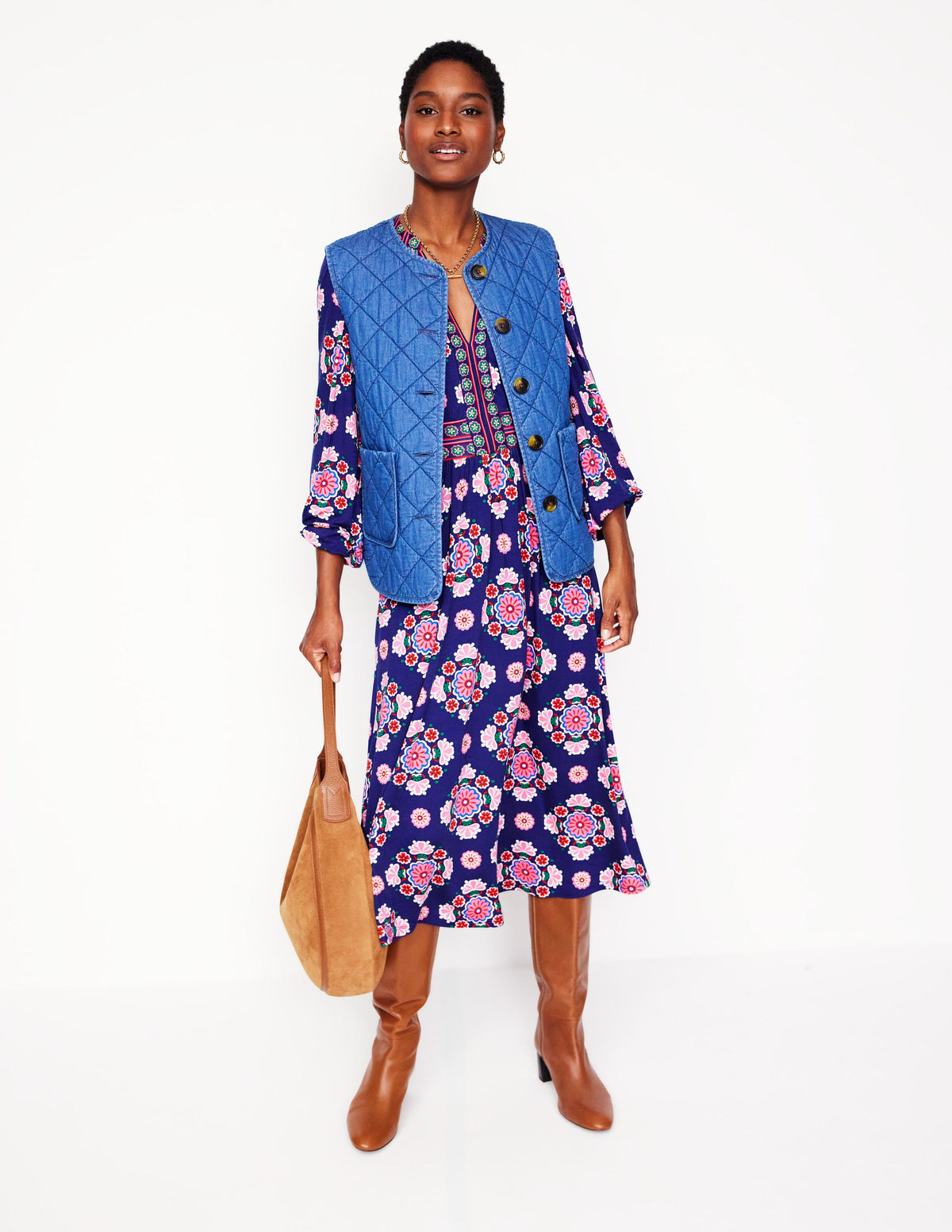 Lily Long Sleeve Midi Dress-Starboard Blue, Meadow Posy - Image 4