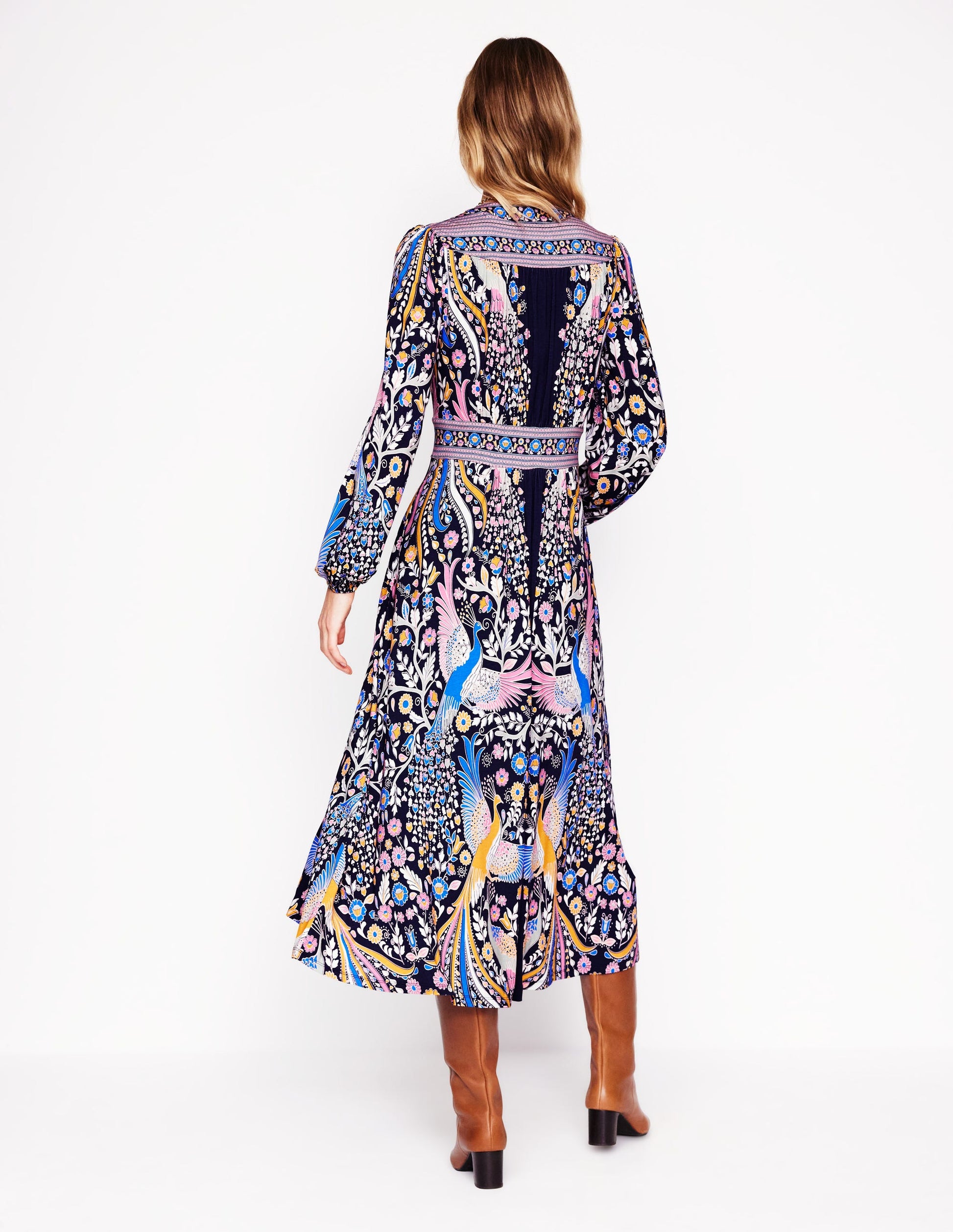 Lily Midikleid mit langen Ärmeln-Französisches Marineblau, Bezaubernder Pfau-4
