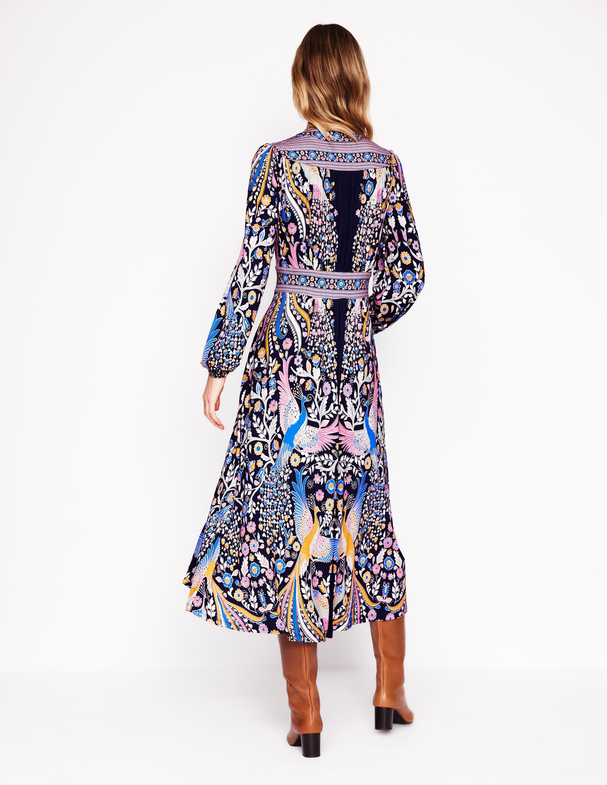 Lily Midikleid mit langen Ärmeln-Französisches Marineblau, Bezaubernder Pfau - Image 4