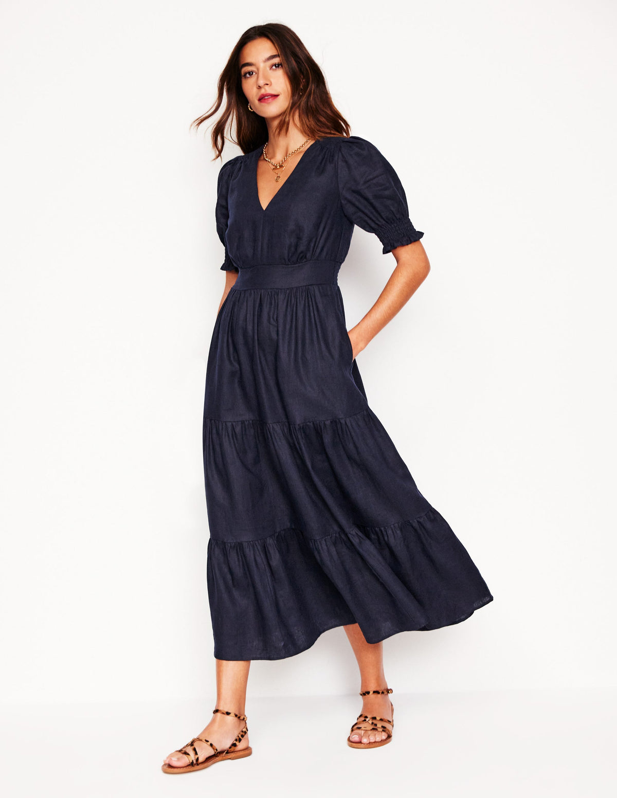 Anna Gestuftes Midikleid aus Leinen-Marineblaue - Image 1