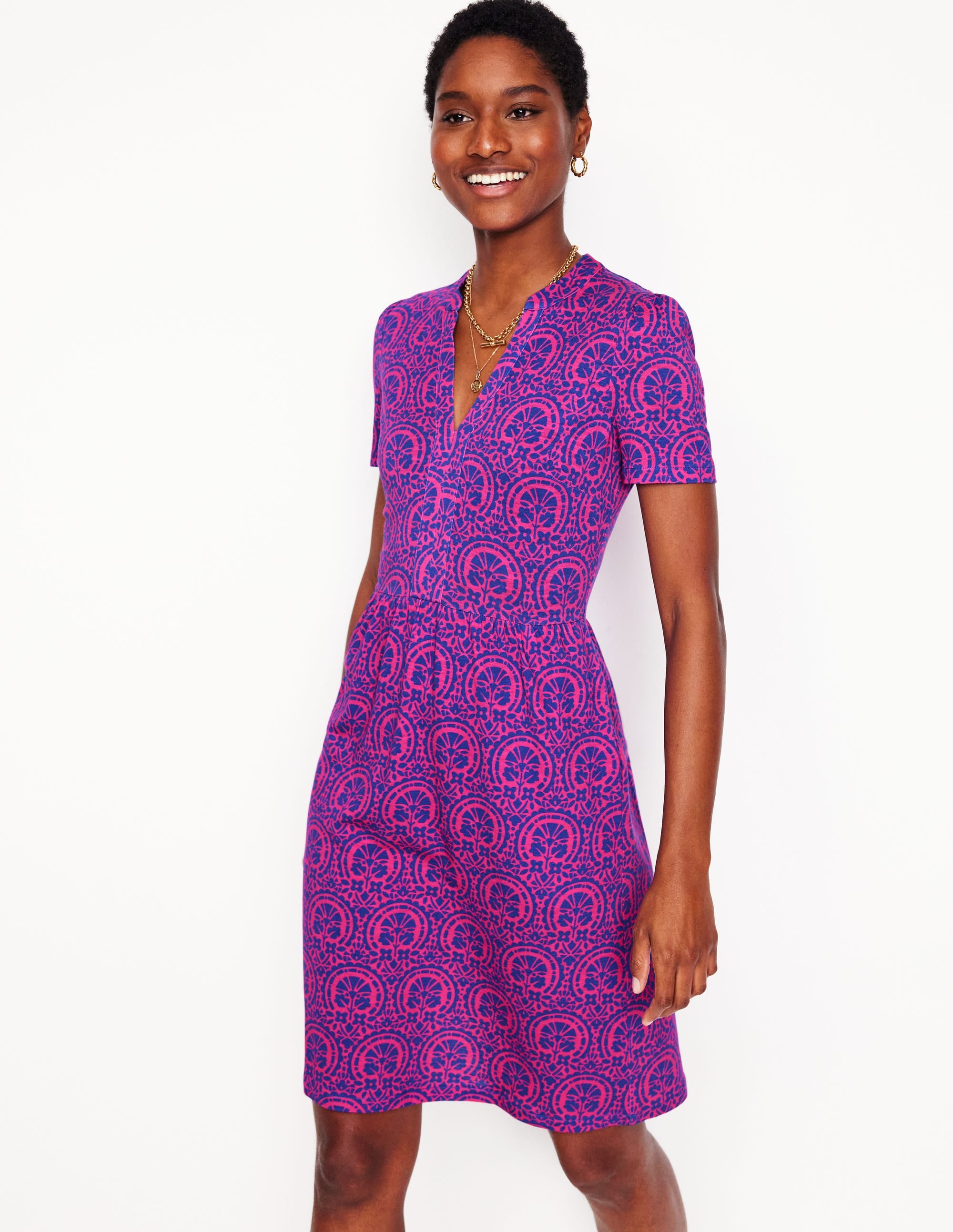 Naomi Short Sleeve Dress-Pink Peony Elaborate Stamp - Image 1