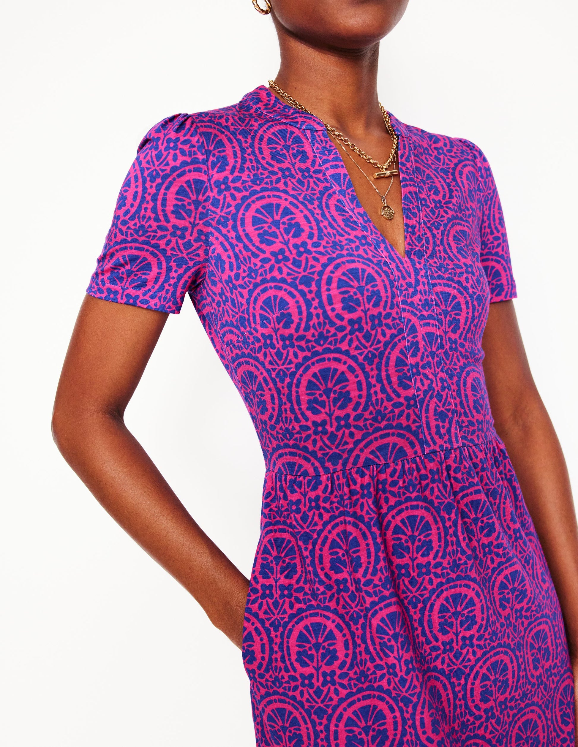 Naomi Short Sleeve Dress-Pink Peony Elaborate Stamp-2