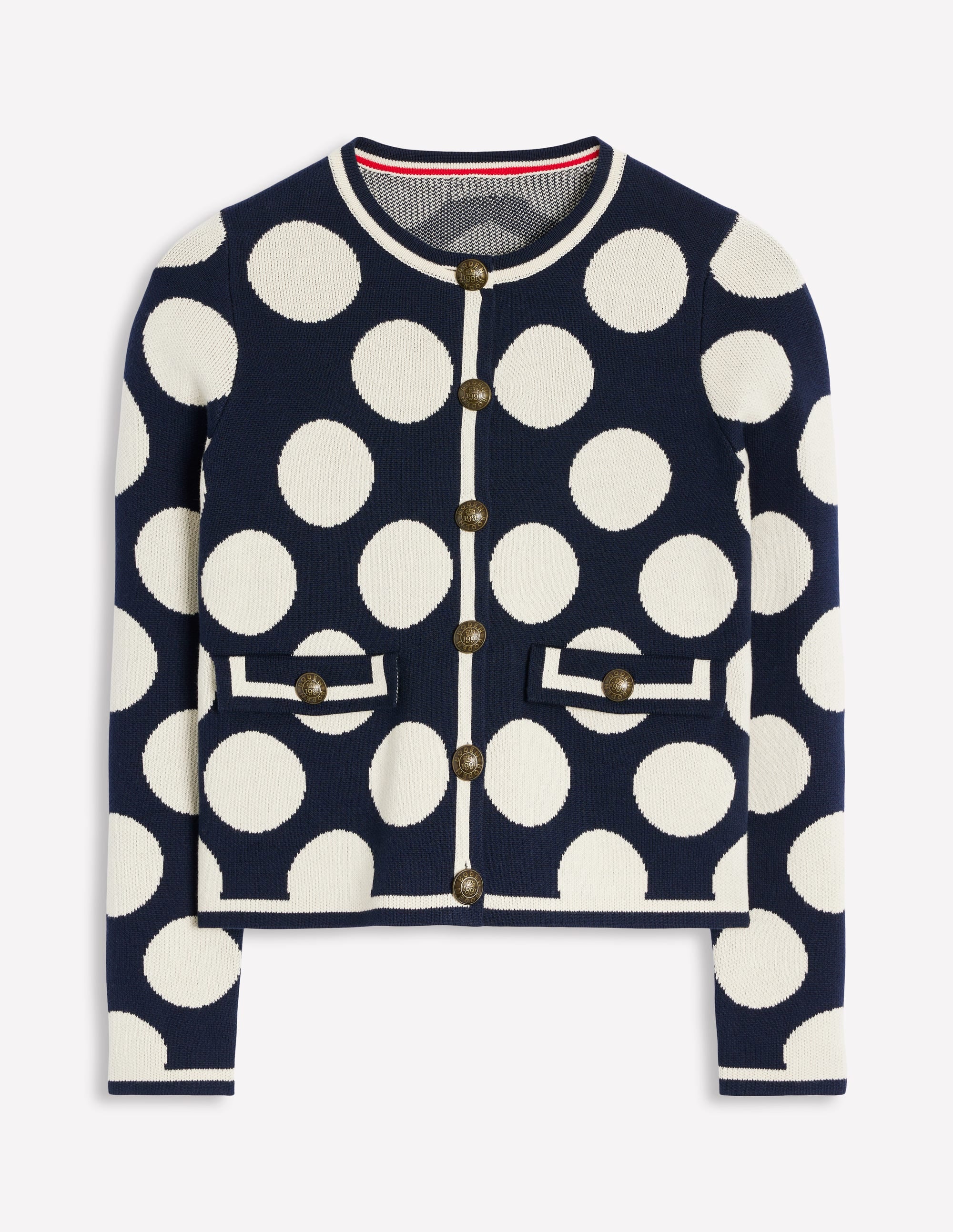 Holly Cardigan-Französisches Marineblau, Große Tupfen in Naturweiß - Image 5