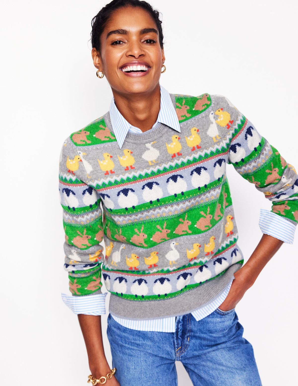 Edie Fair-Isle-Pullover-Grau Melange, Tier-4
