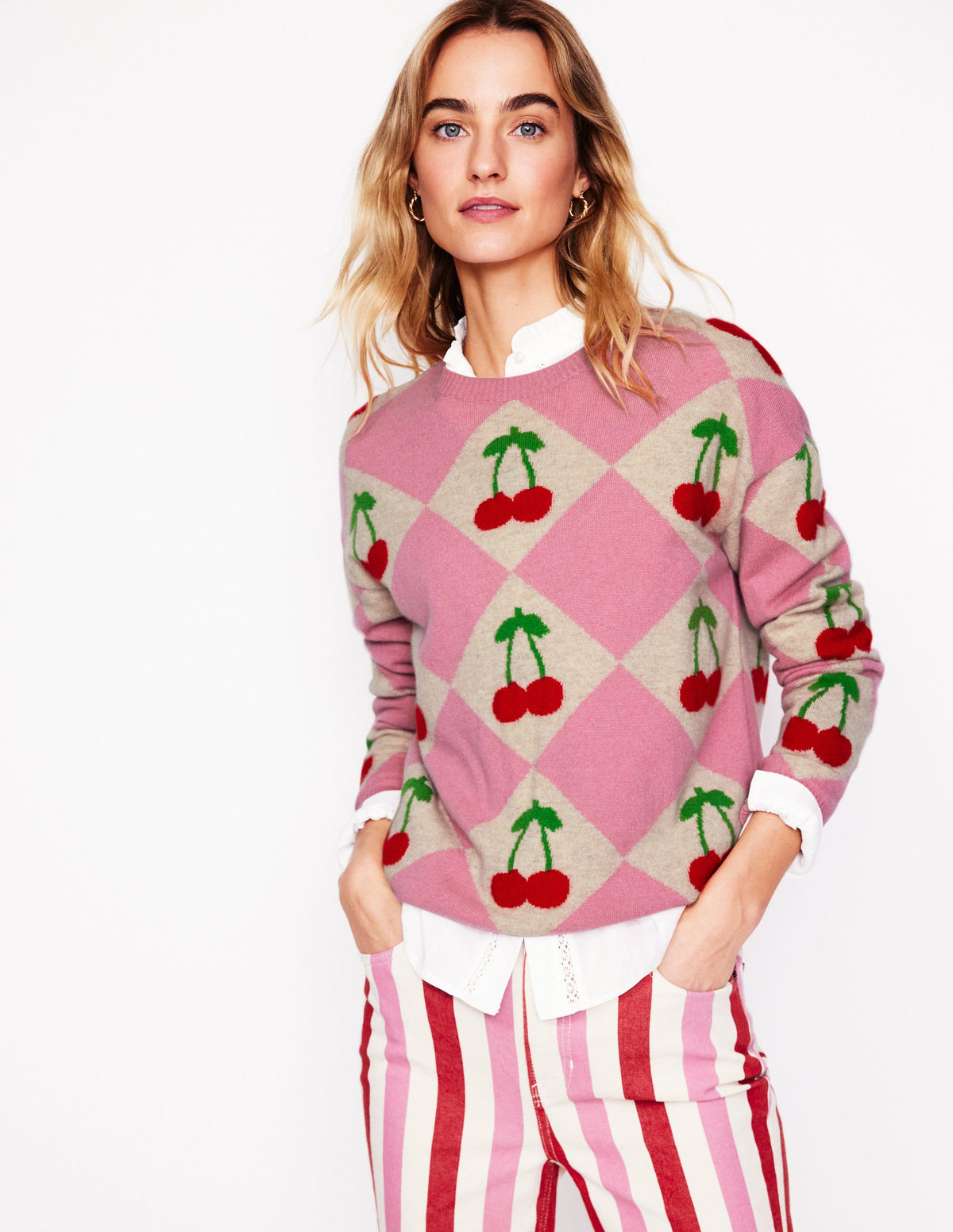 Lydia Kaschmirpullover-Rosa, Kirsch-Argyle - Image 1