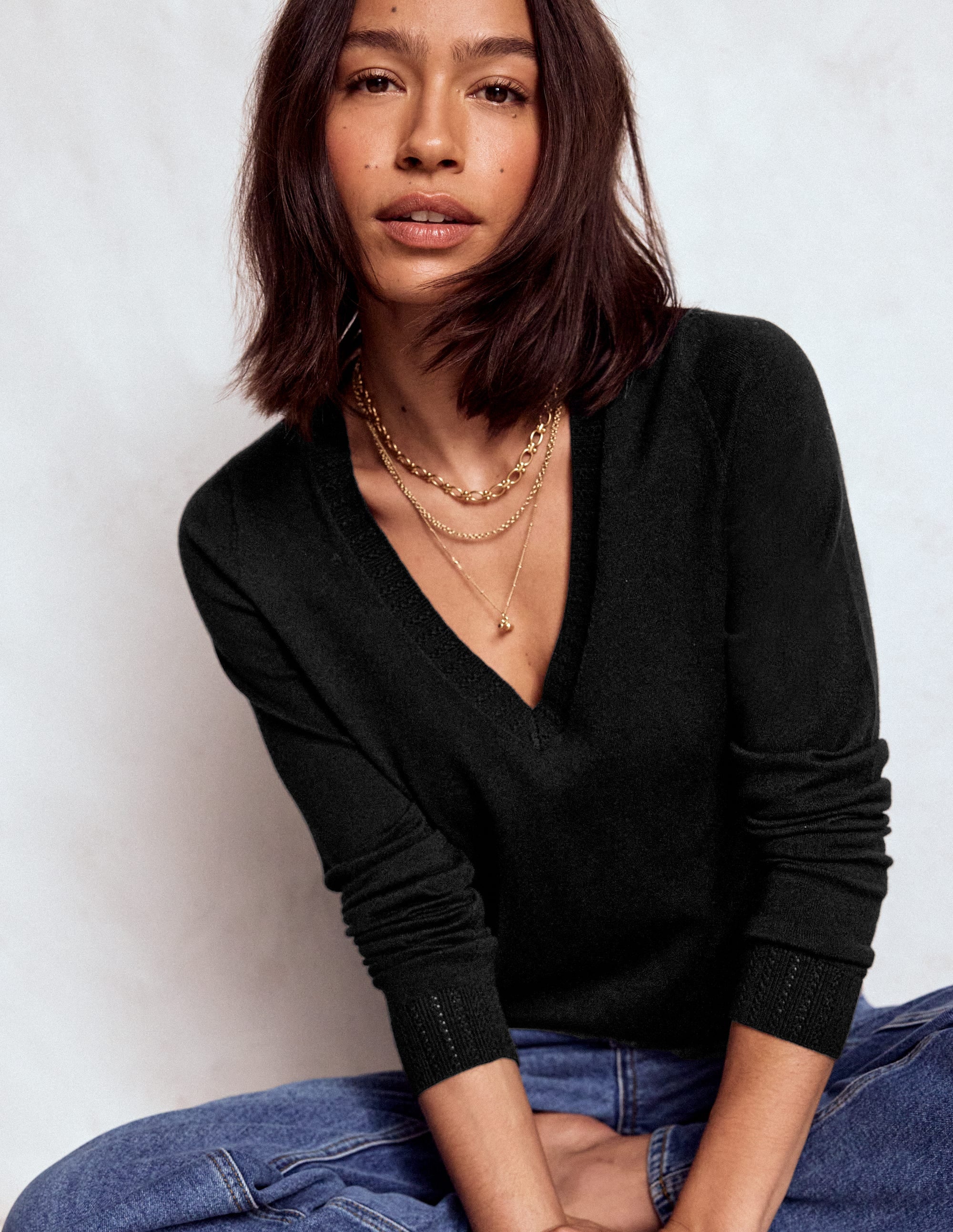 Emilia Baumwollpullover mit V-Ausschnitt-Schwarz - Image 1