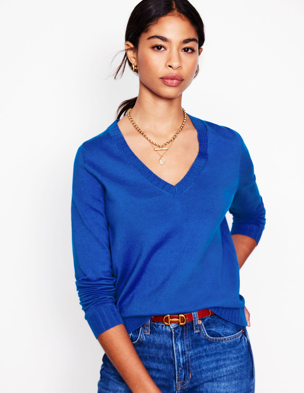 Emilia Baumwollpullover mit V-Ausschnitt-Leuchtendes Blau - Image 1
