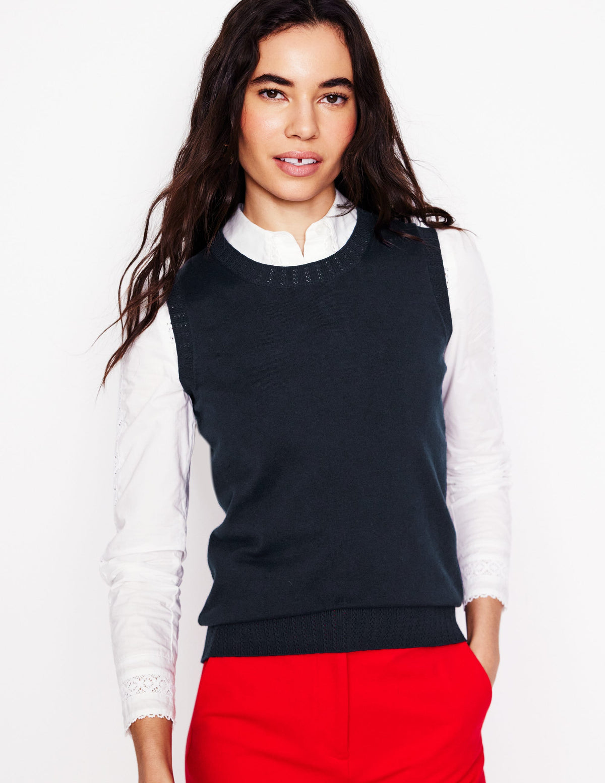 Emilia Cotton Crew Neck Tank-Navy - Image 2
