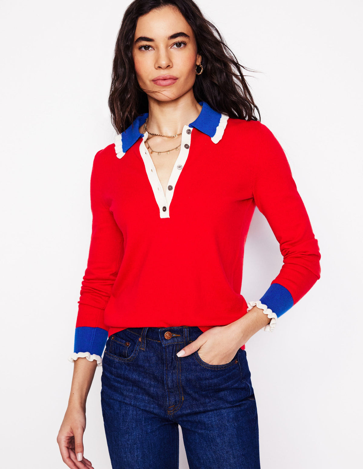 Cotton-Blend Frill Jumper-Poppy Red-1