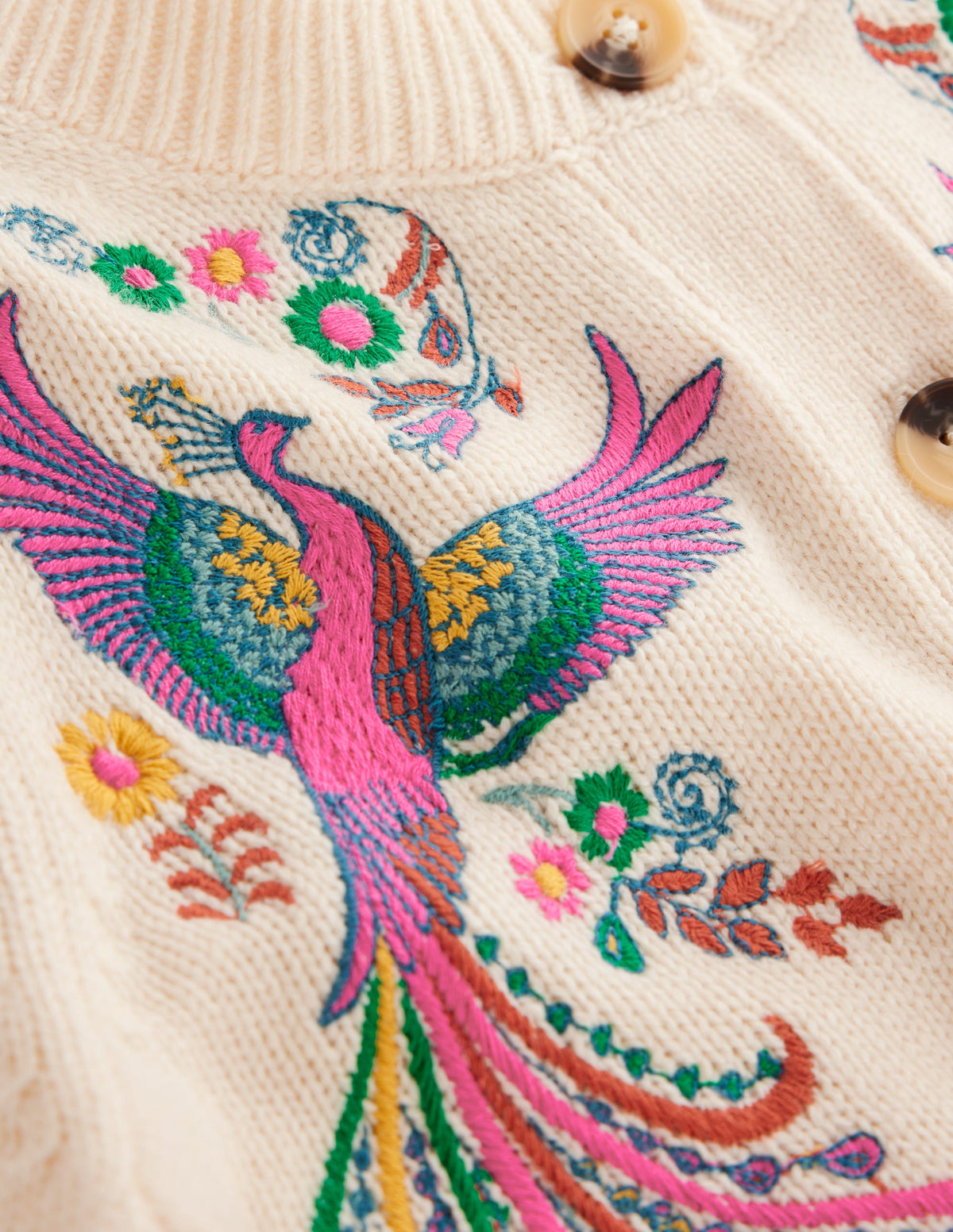 Bestickte Strickjacke mit Rundhalsausschnitt-Warmes Naturweiß, Pfau - Image 7