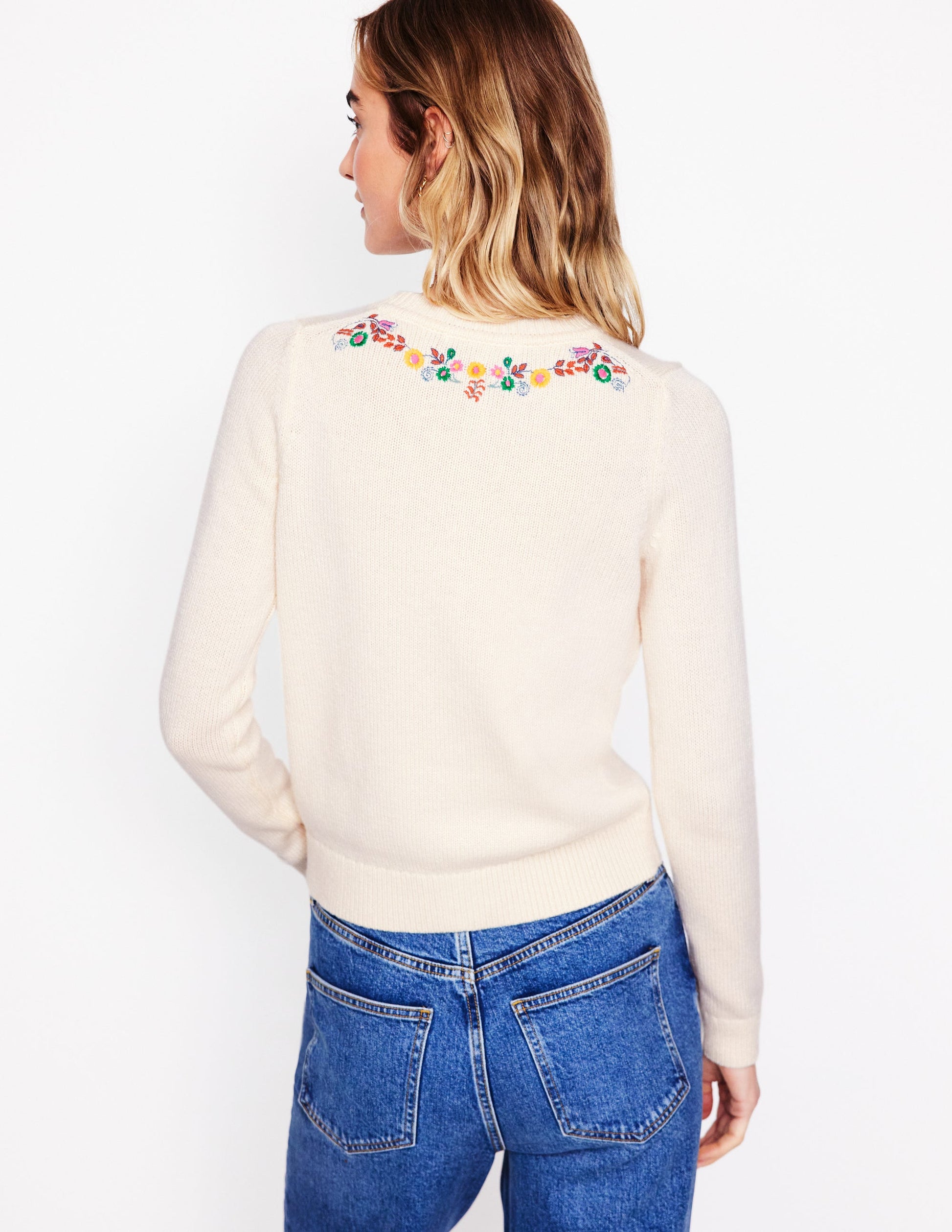 Bestickte Strickjacke mit Rundhalsausschnitt-Warmes Naturweiß, Pfau-4