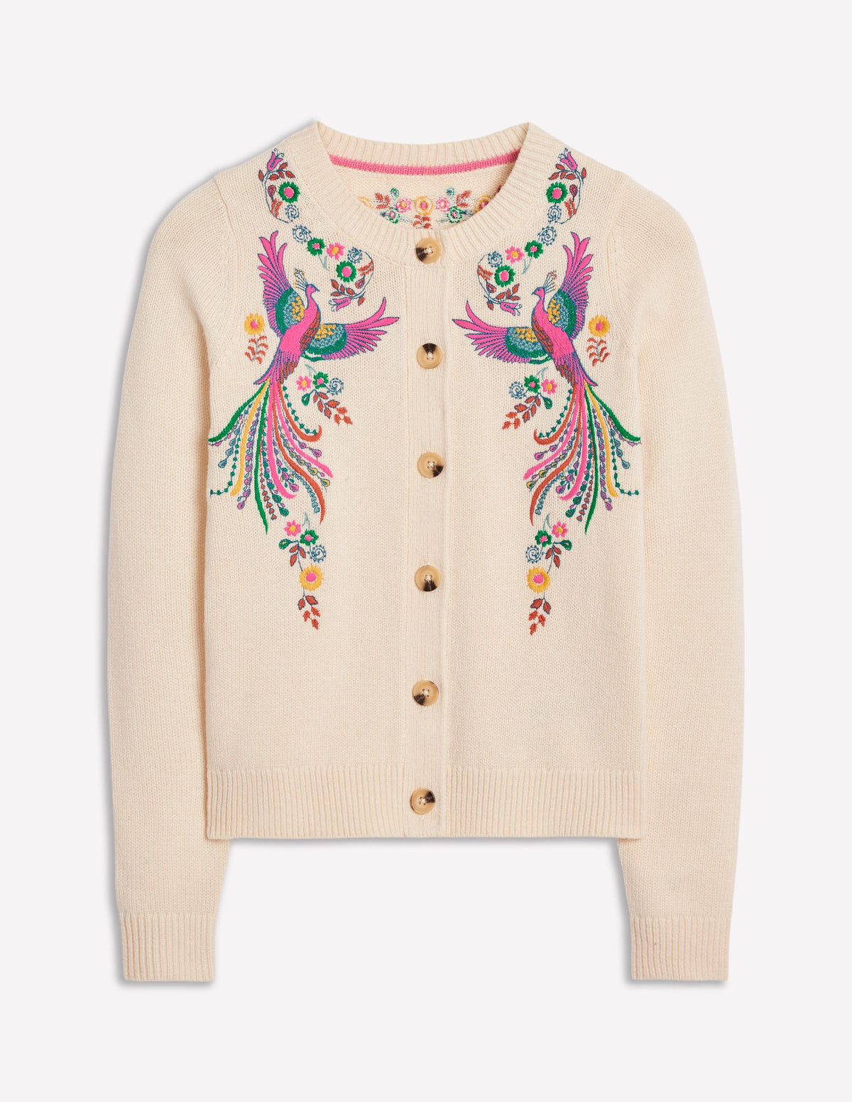 Bestickte Strickjacke mit Rundhalsausschnitt-Warmes Naturweiß, Pfau - Image 6