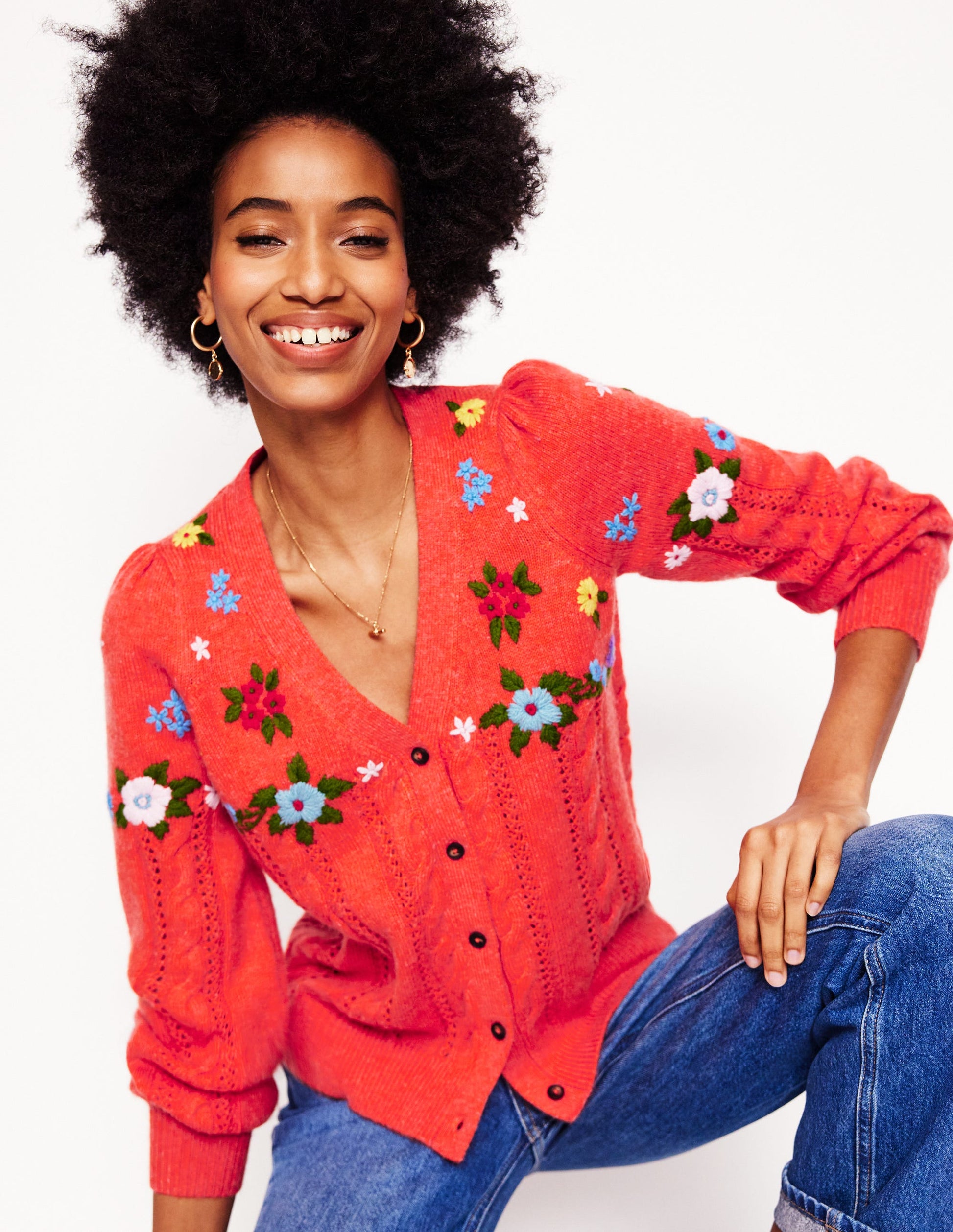 Flauschige Strickjacke mit Stickerei-Knallrot-1