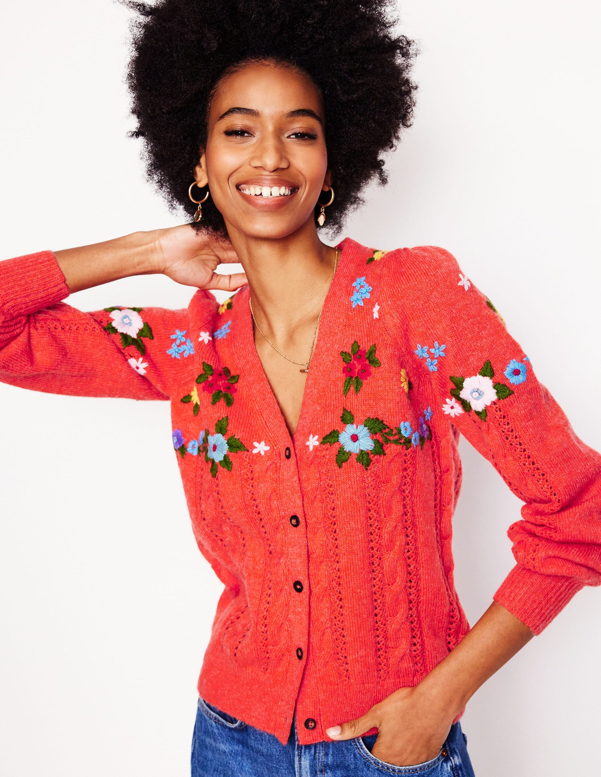 Flauschige Strickjacke mit Stickerei-Knallrot-4