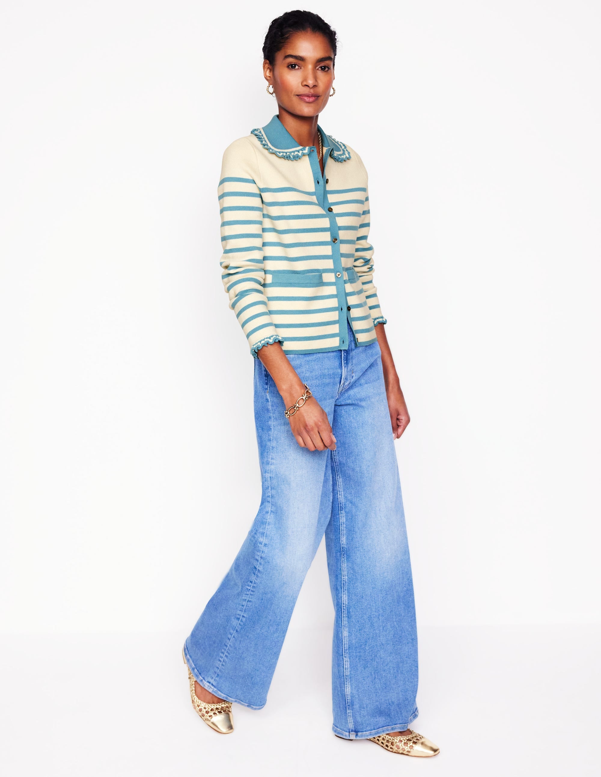 Jessie Frill Collared Cardigan-Ivory, Duck Egg Blue Stripe - Image 1