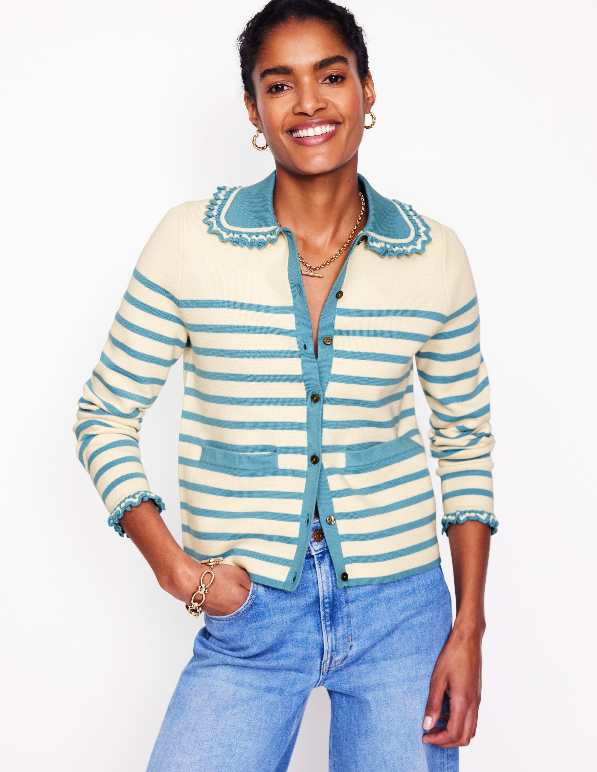 Jessie Frill Collared Cardigan-Ivory, Duck Egg Blue Stripe - Image 5
