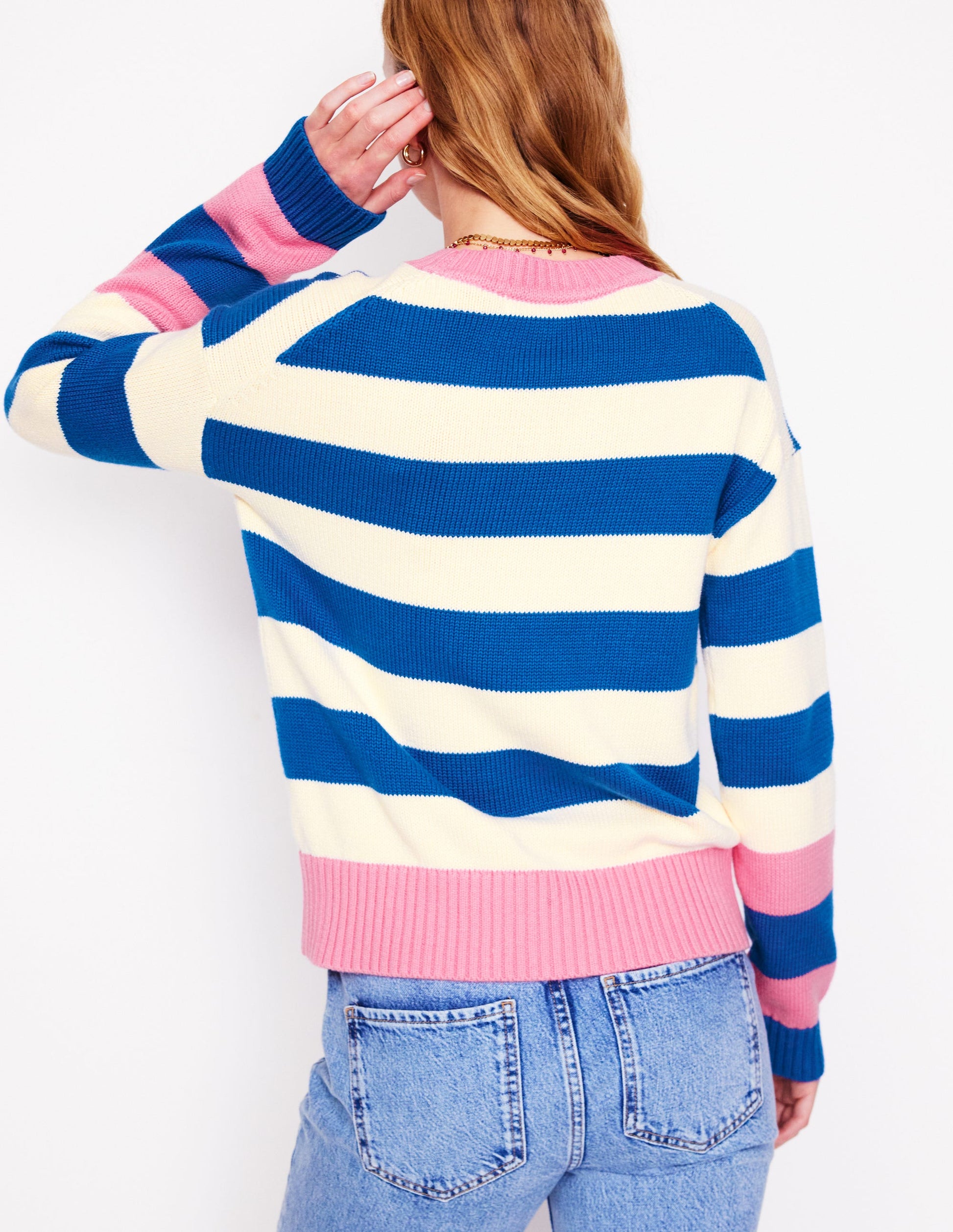 Lucinda Gestreifter Pullover aus Baumwolle-Leuchtendes Blau, Rosarote Bündchen-4