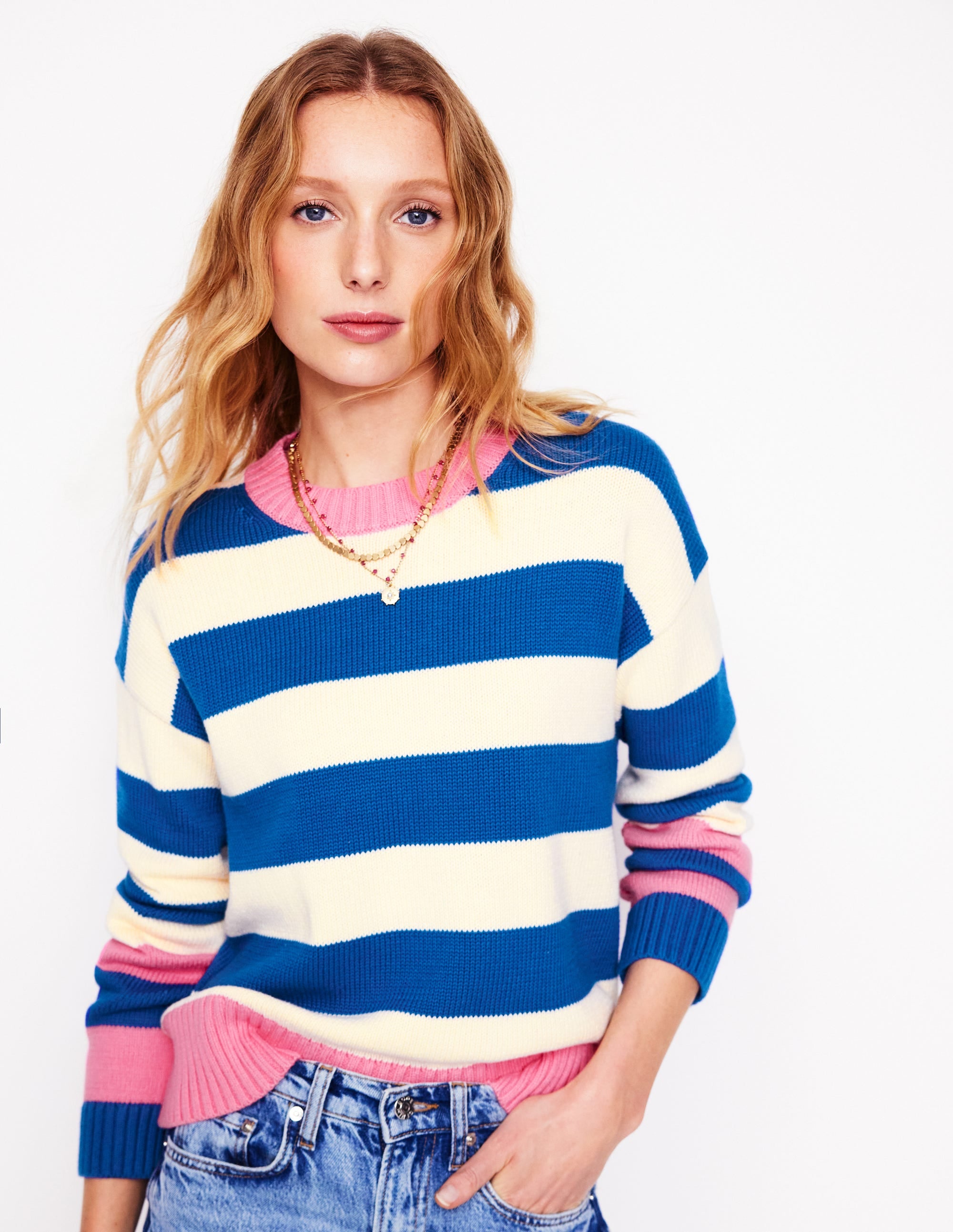 Lucinda Gestreifter Pullover aus Baumwolle-Leuchtendes Blau, Rosarote Bündchen - Image 5