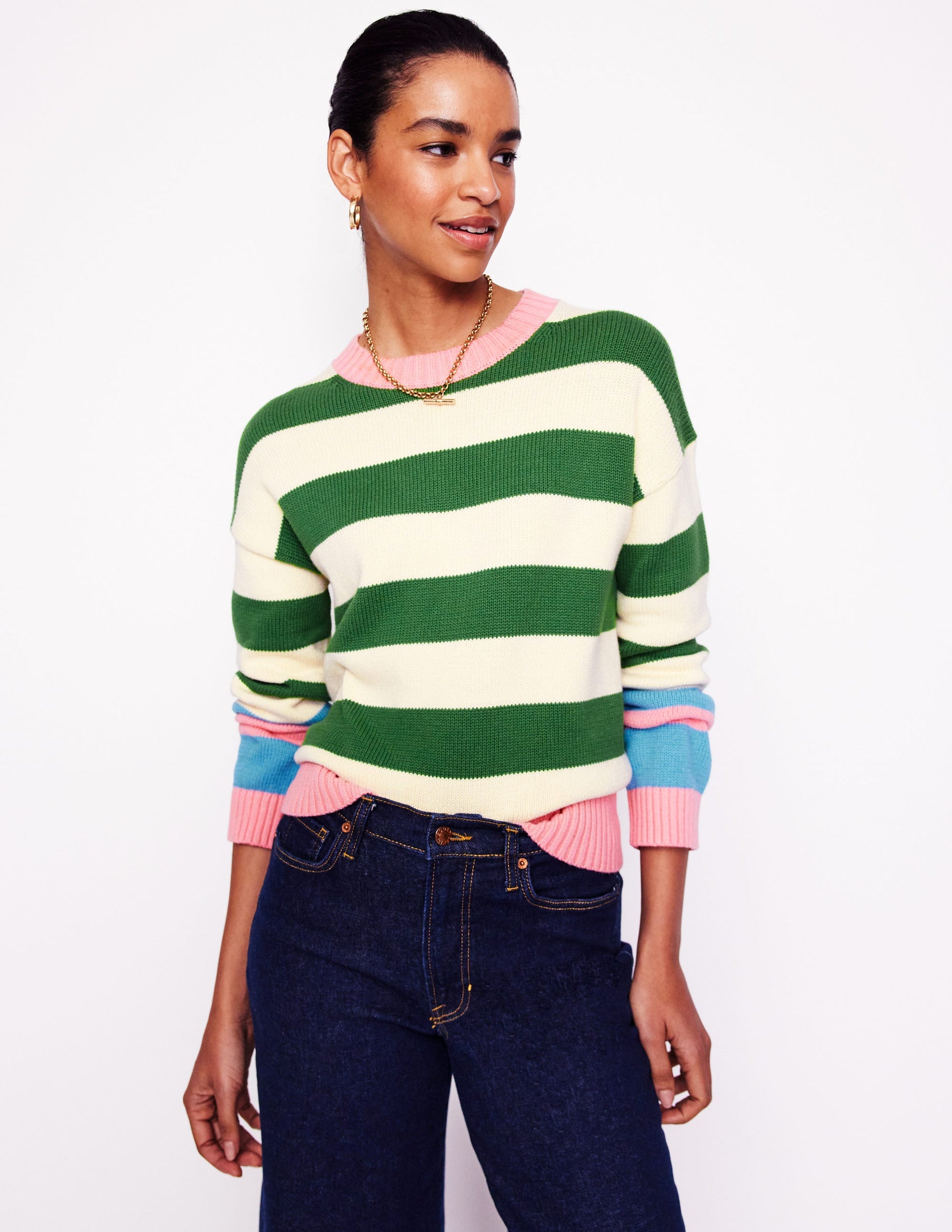 Lucinda Gestreifter Pullover aus Baumwolle-Paradiesgrün, Rosa Bündchen-1