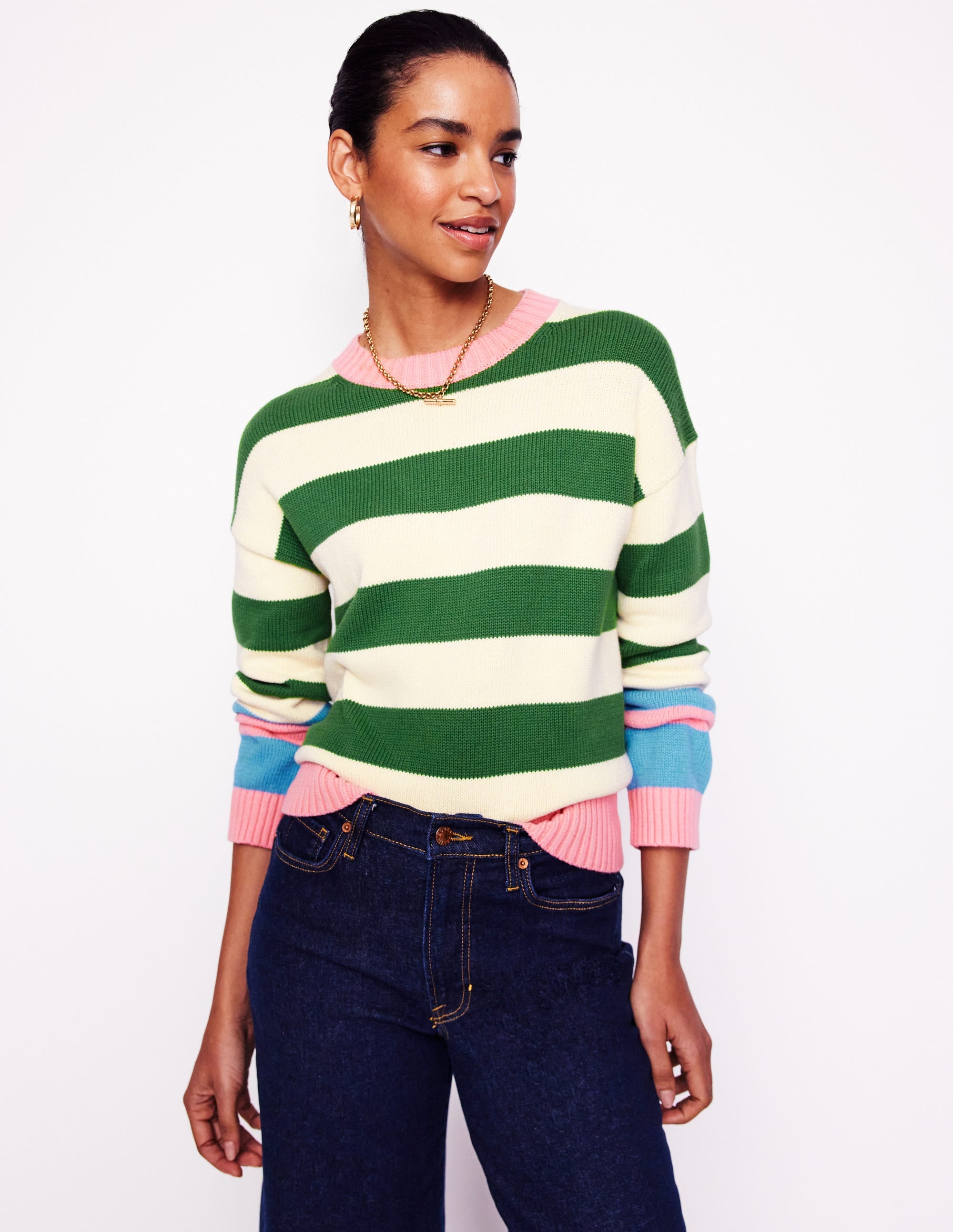 Lucinda Gestreifter Pullover aus Baumwolle-Paradiesgrün, Rosa Bündchen - Image 1