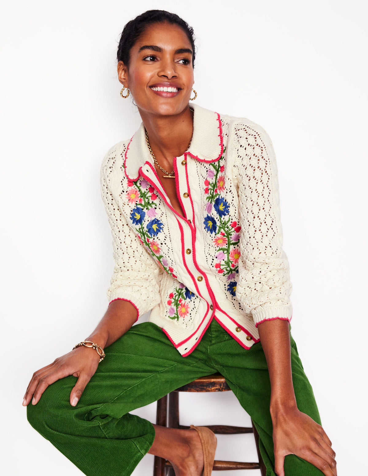 Bestickte Baumwoll-Strickjacke-Warmes Naturweiß-1