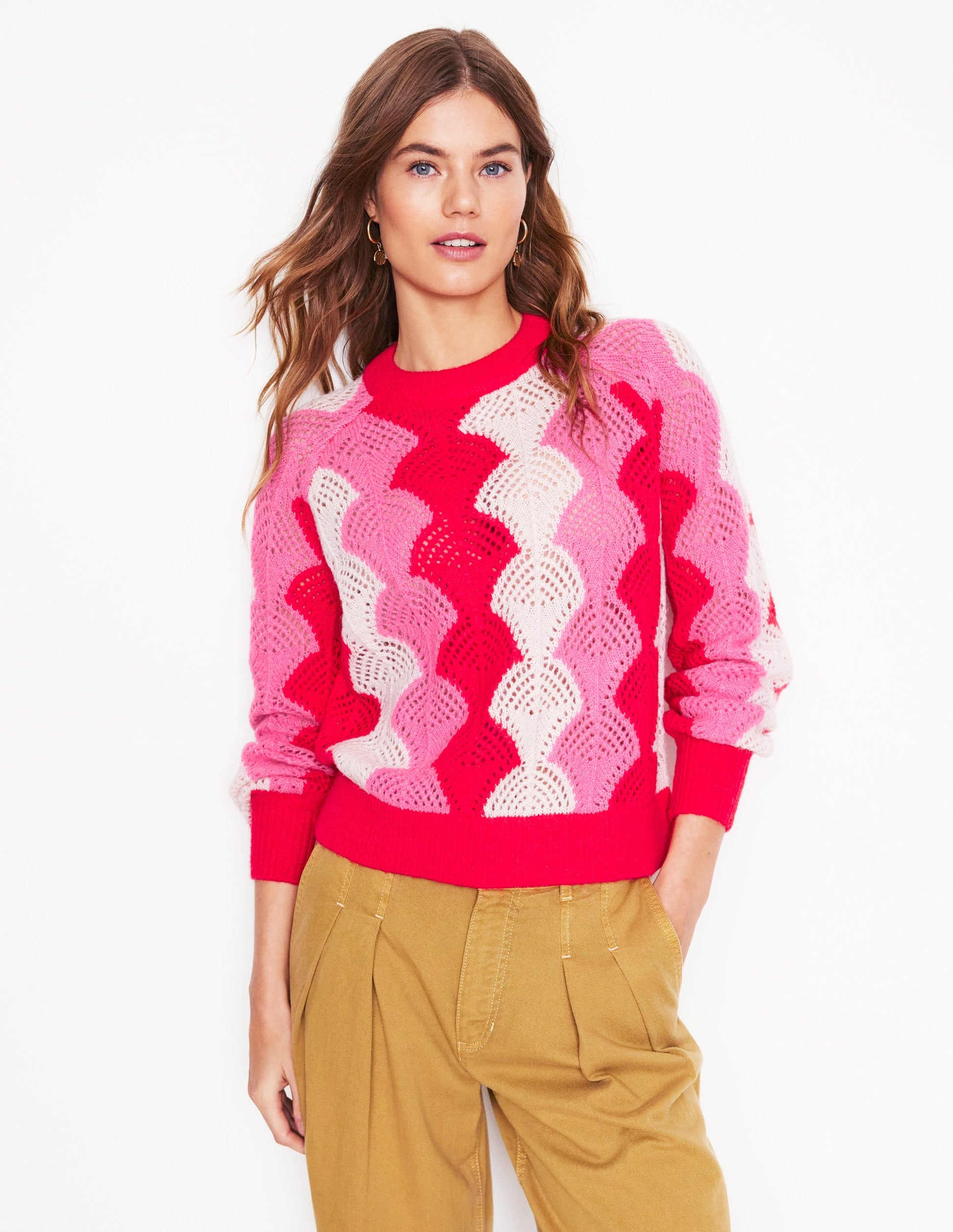 Alice Flauschiger Raglanpullover-Mohnblumenrot/ Kreide/ Prickelndes Pink-1