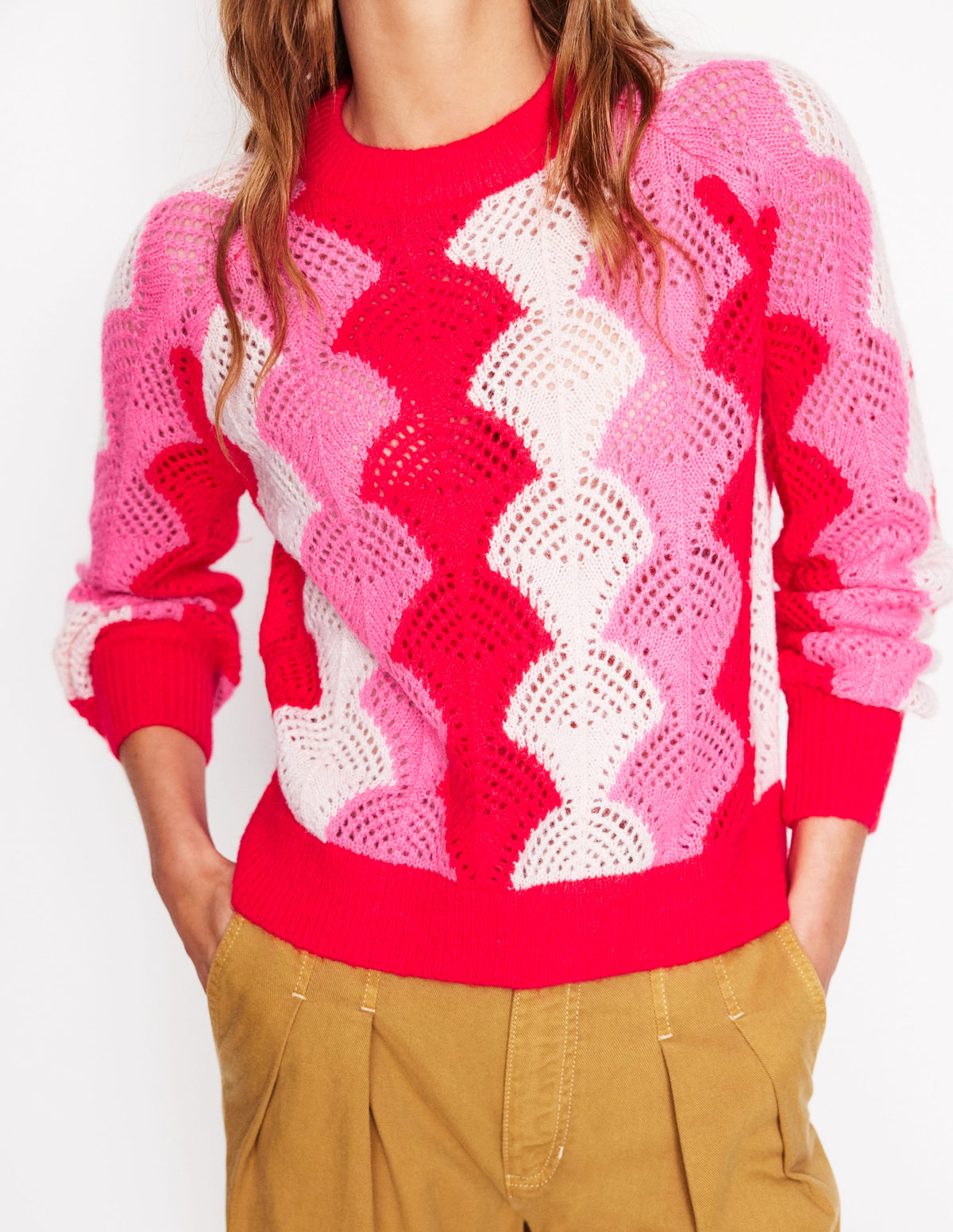 Alice Flauschiger Raglanpullover-Mohnblumenrot/ Kreide/ Prickelndes Pink - Image 2