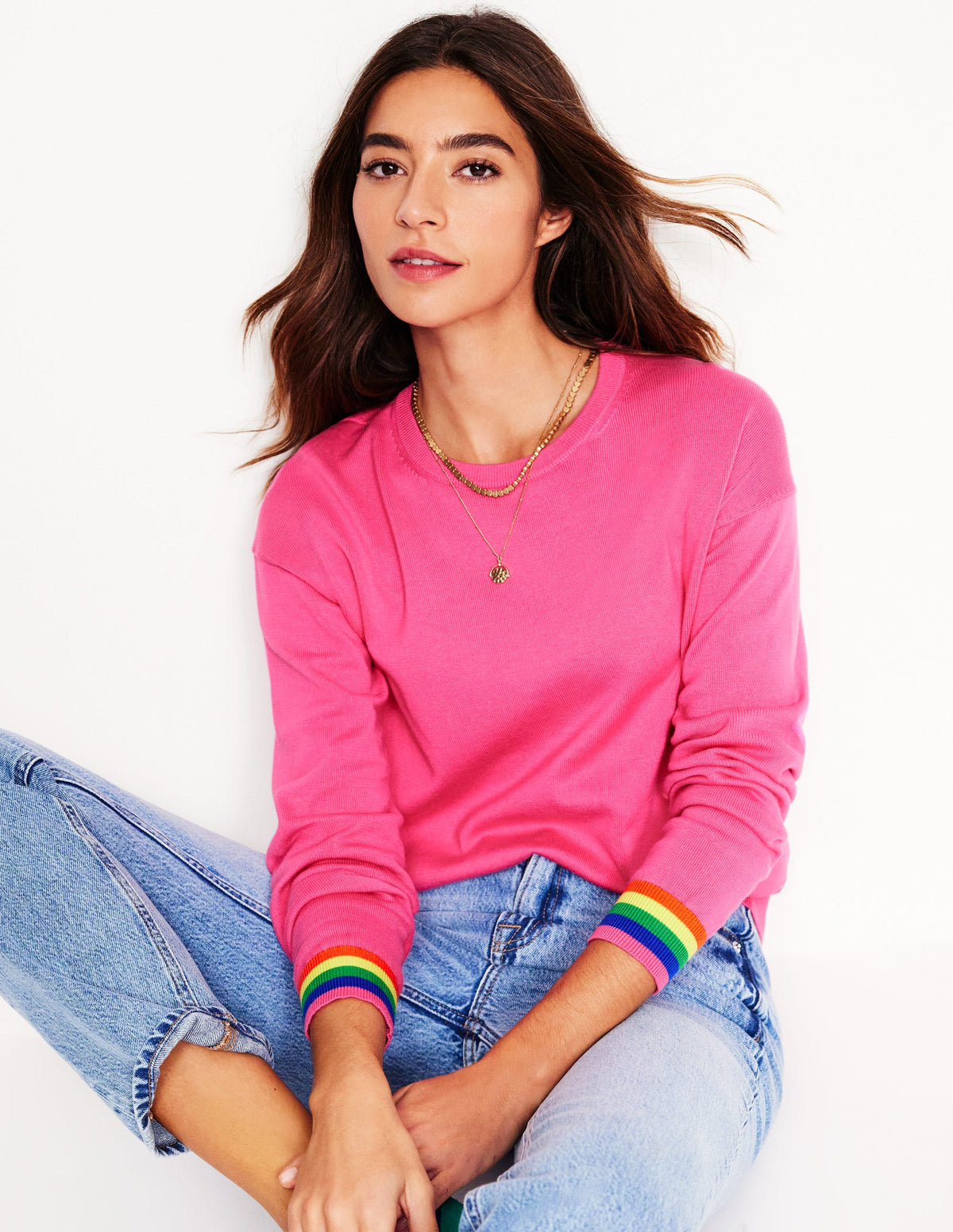 Lara Lockerer Baumwollpullover-Sorbet-Rosa, Regenbogen-4