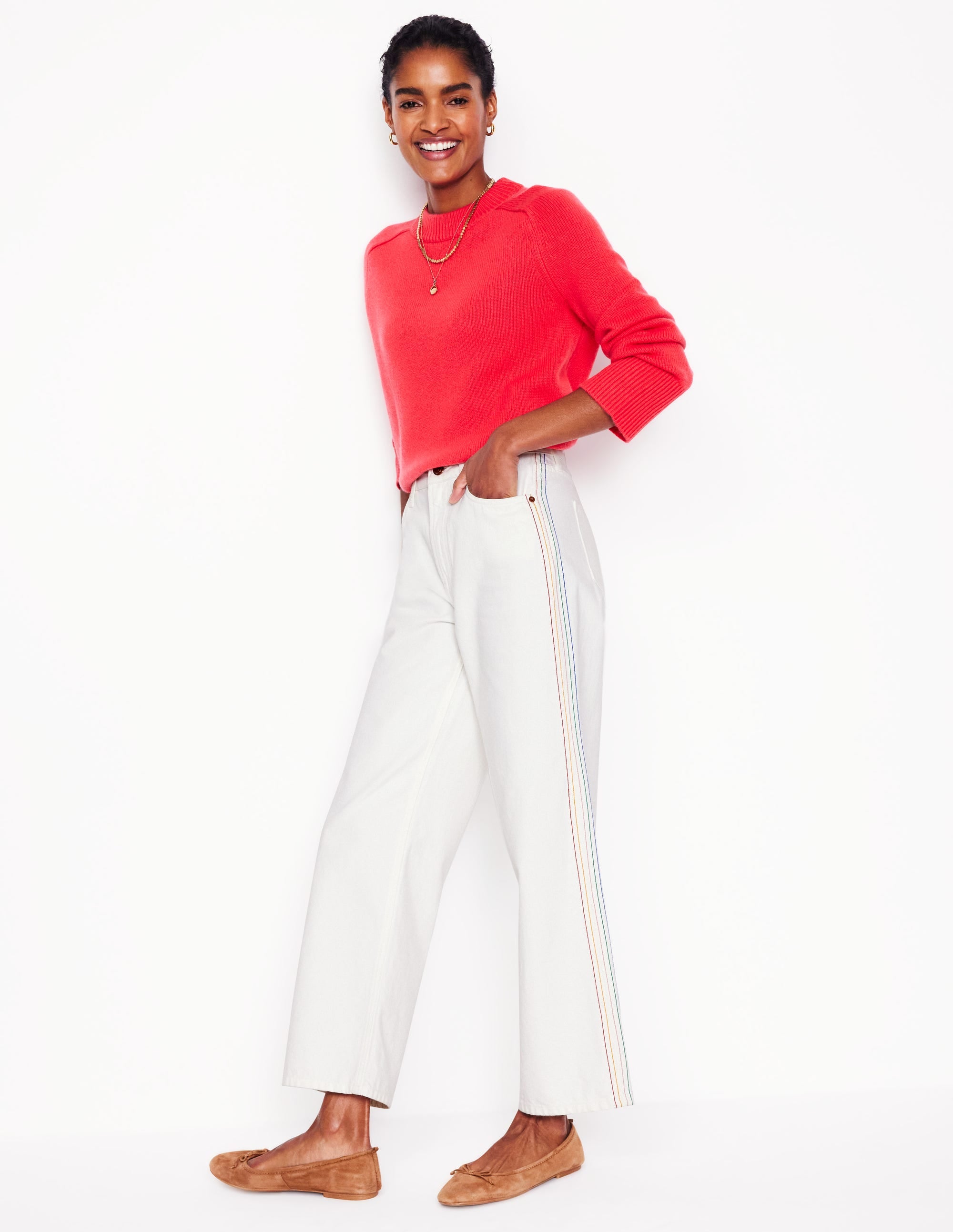 High Rise Straight Crop Jeans-Off White w/ Embroidery - Image 1