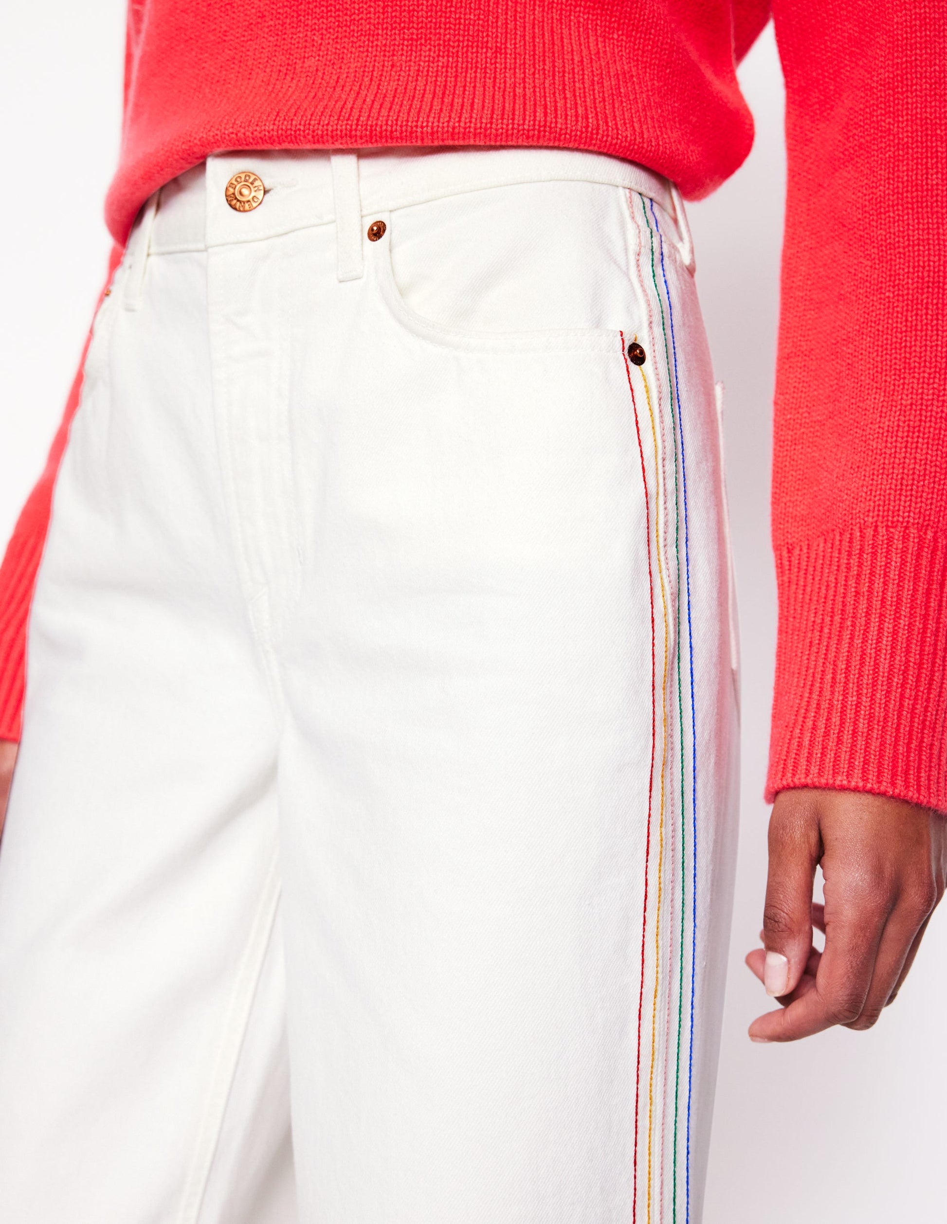High Rise Straight Crop Jeans-Off White w/ Embroidery-3