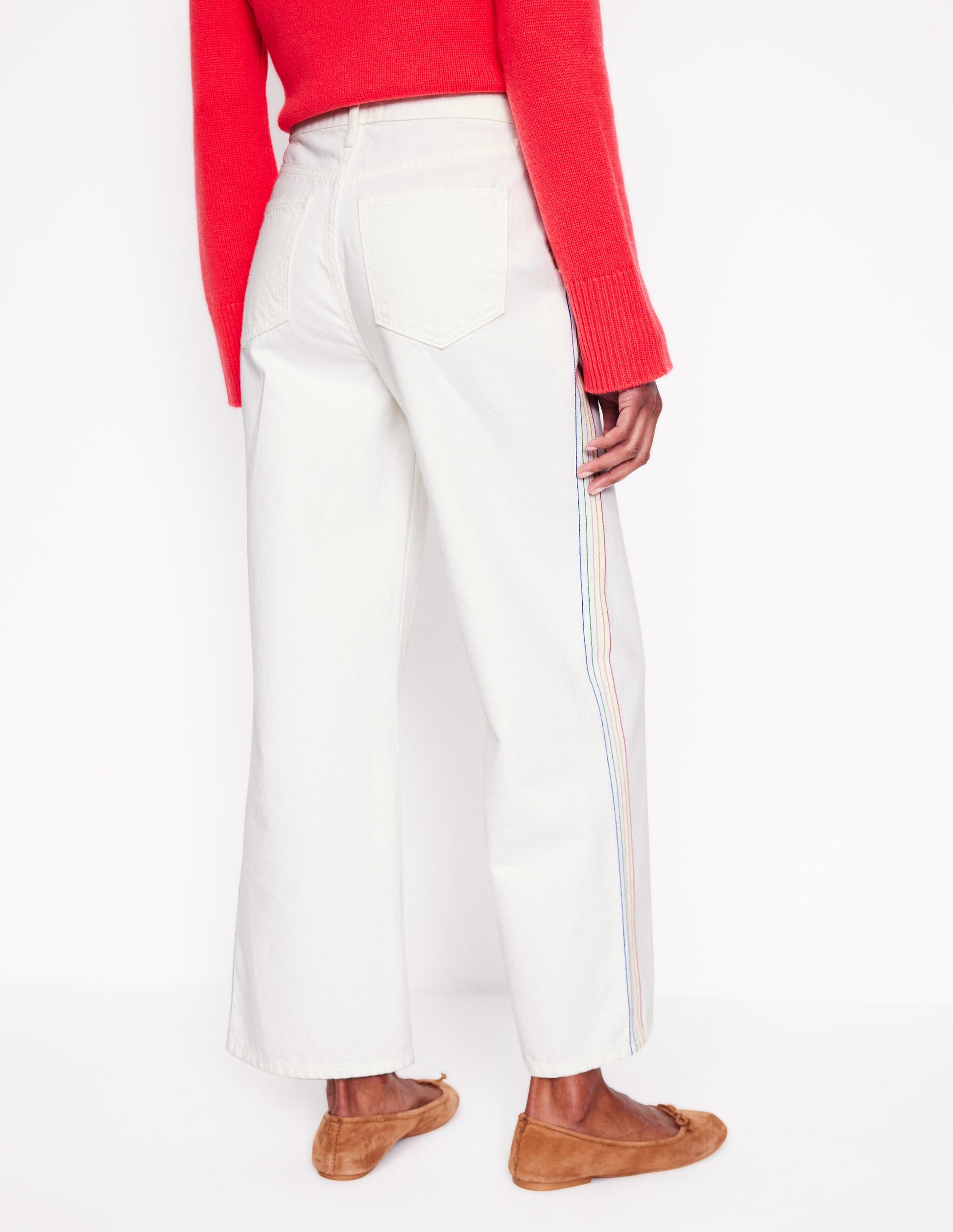 High Rise Straight Crop Jeans-Off White w/ Embroidery-5