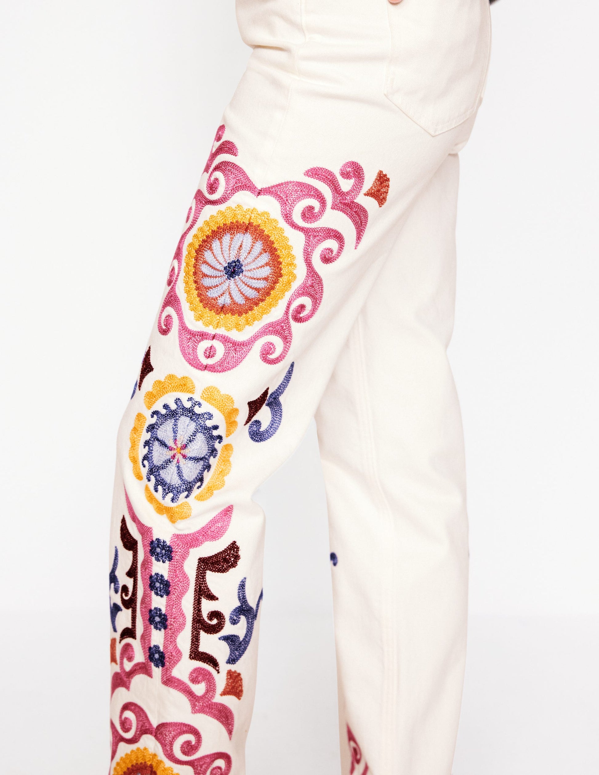 High Rise Embroidered Jeans-White Embroidery-3