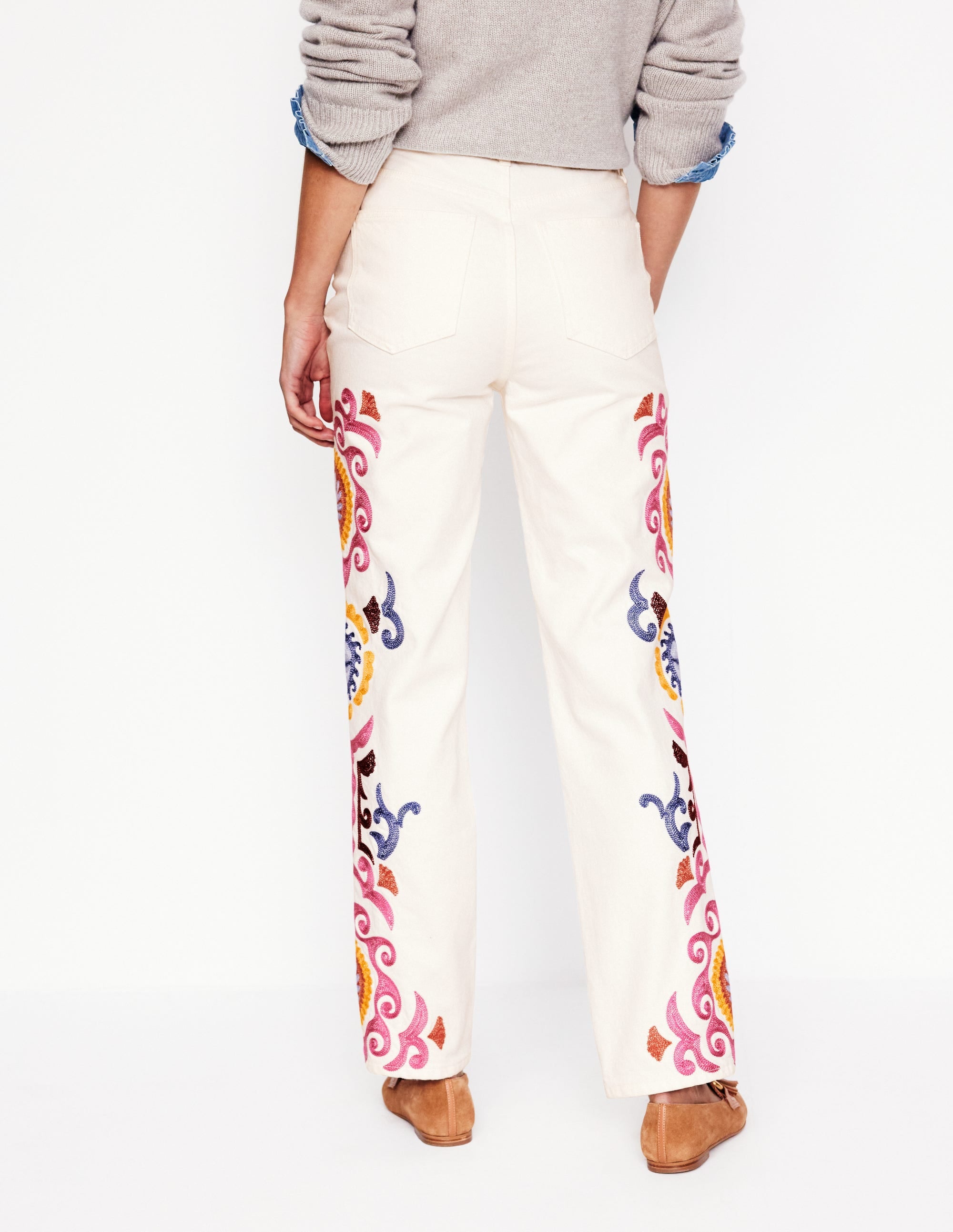 High Rise Embroidered Jeans-White Embroidery - Image 4