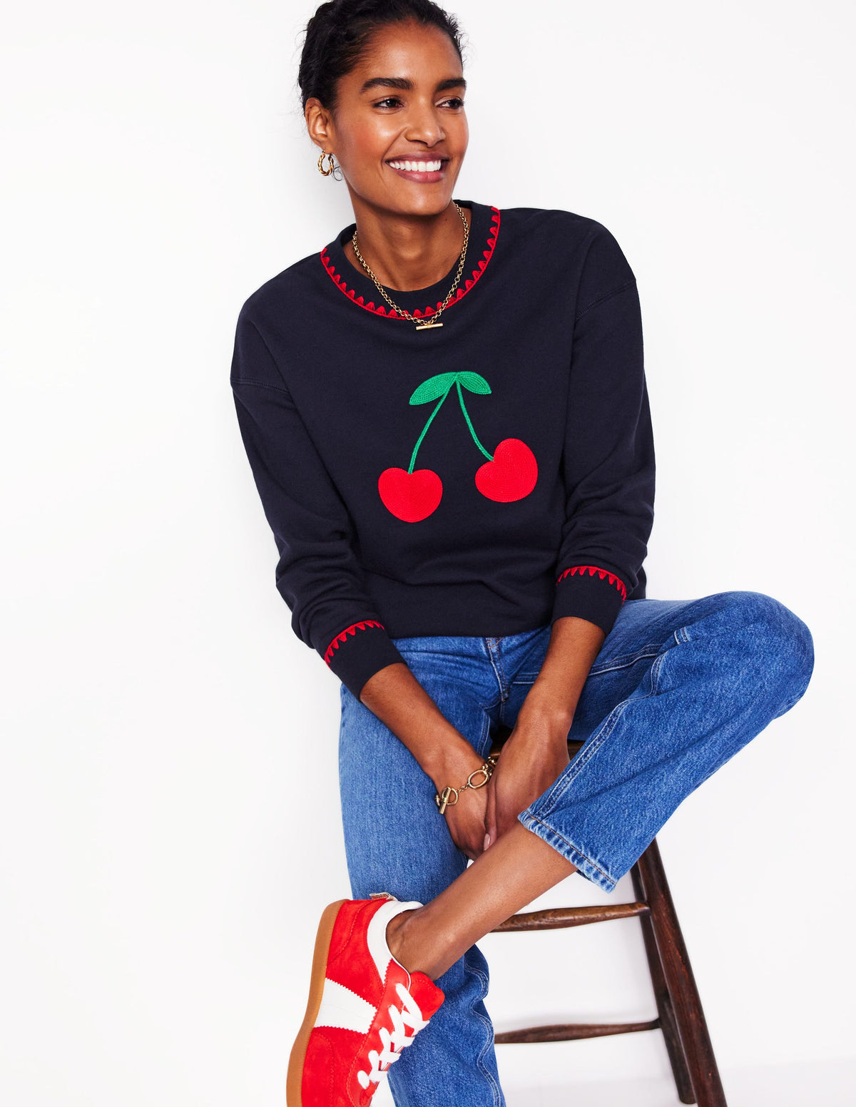 Emi Embroidered Sweatshirt-Navy, Cherries - Image 1