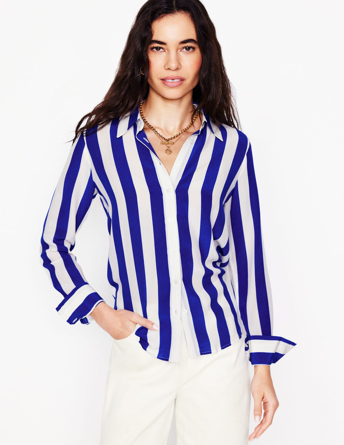 Sienna Seidenhemd-Leuchtendes Blau Breite Streifen - Image 6