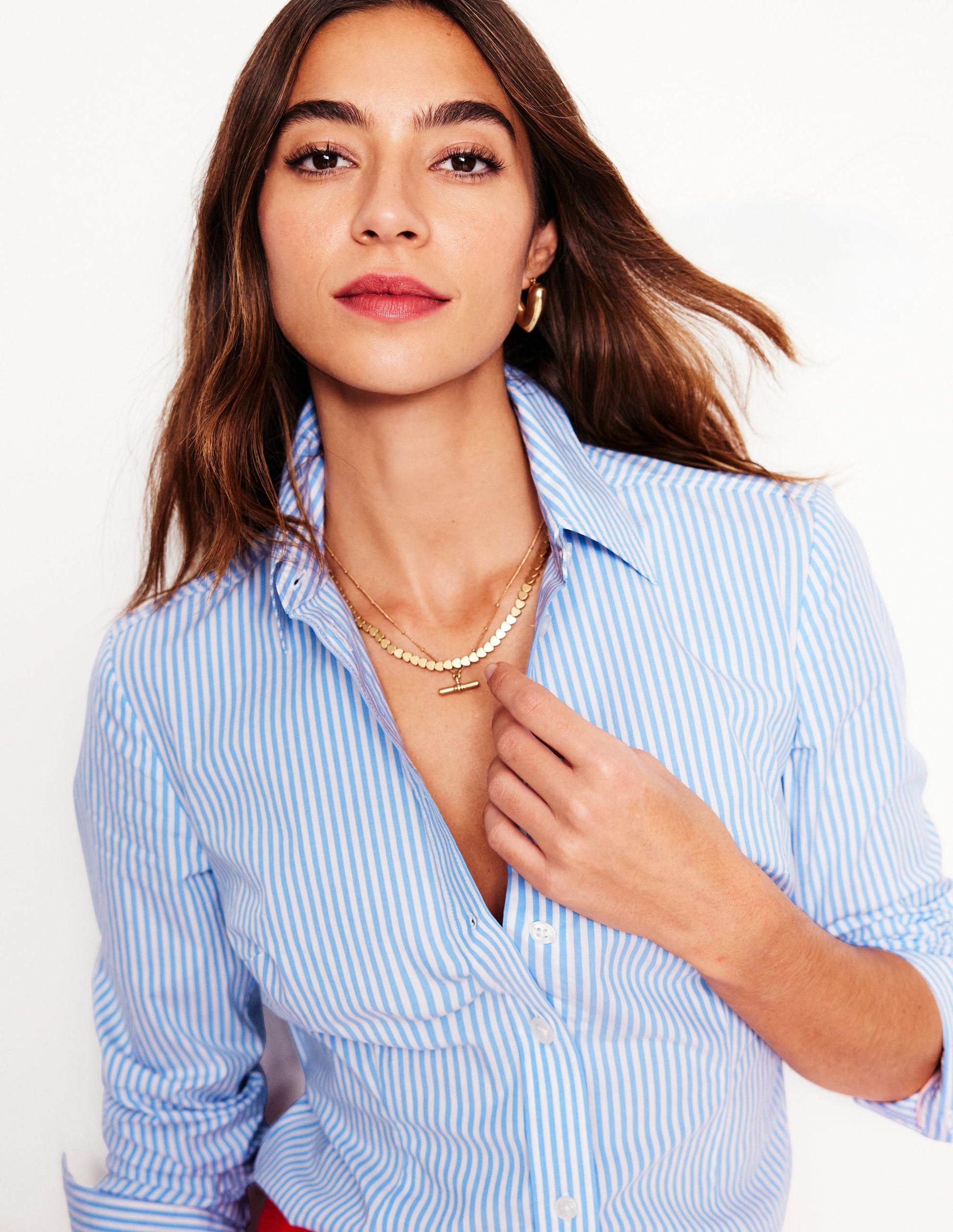 Saskia Stretch Cotton Shirt-Forget Me Not, Ivory Stripe-2