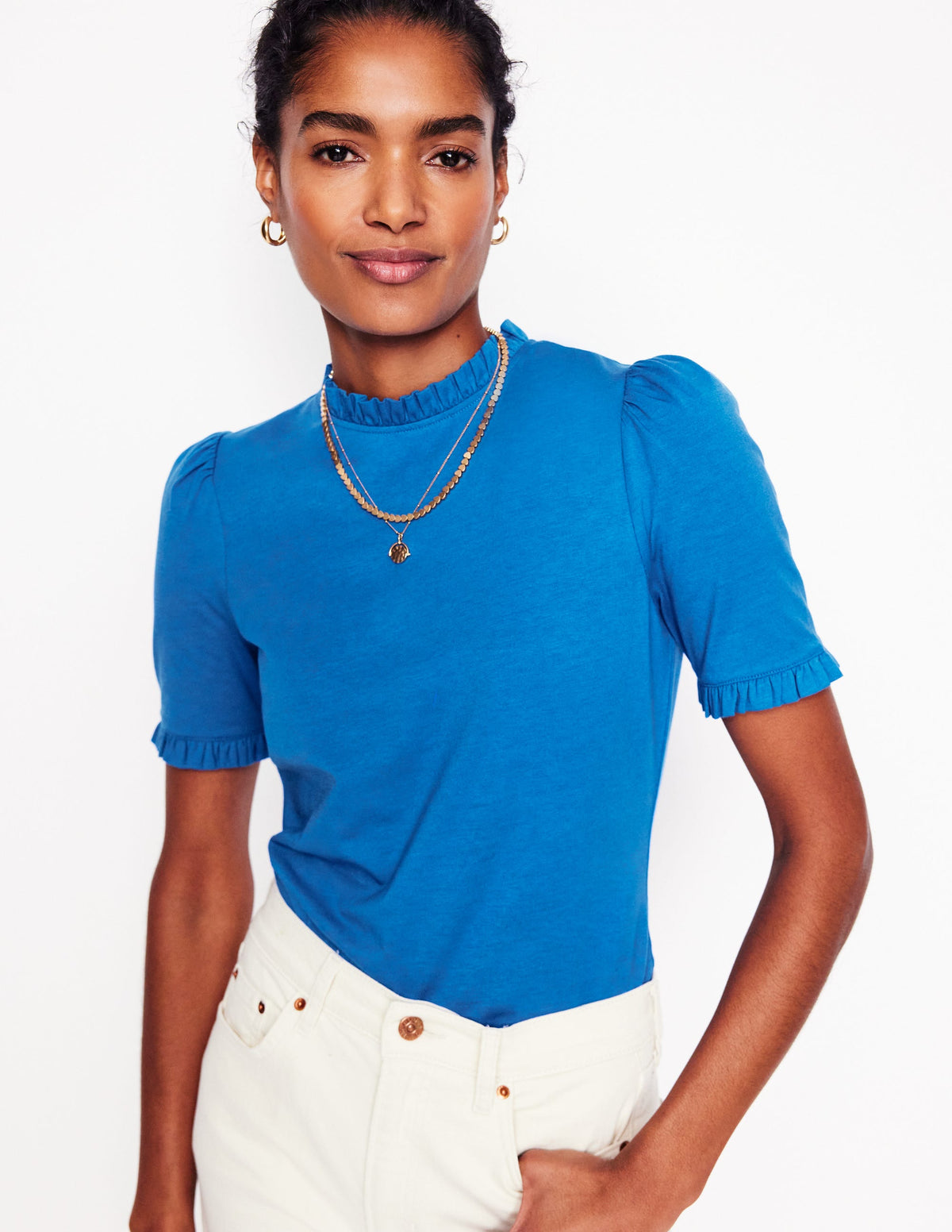 Superweiches T-Shirt mit Rüschendetail-Galerie-Blau-1