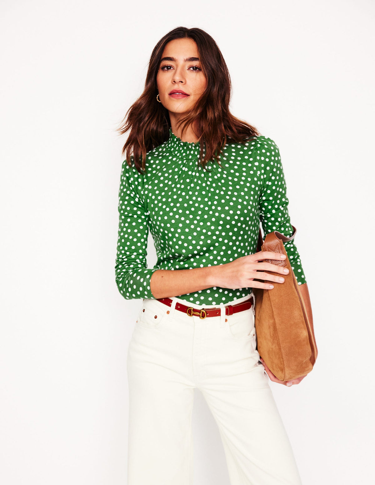 Smocked Neck Printed Top-Promenade Green, Abstract Dot - Image 1